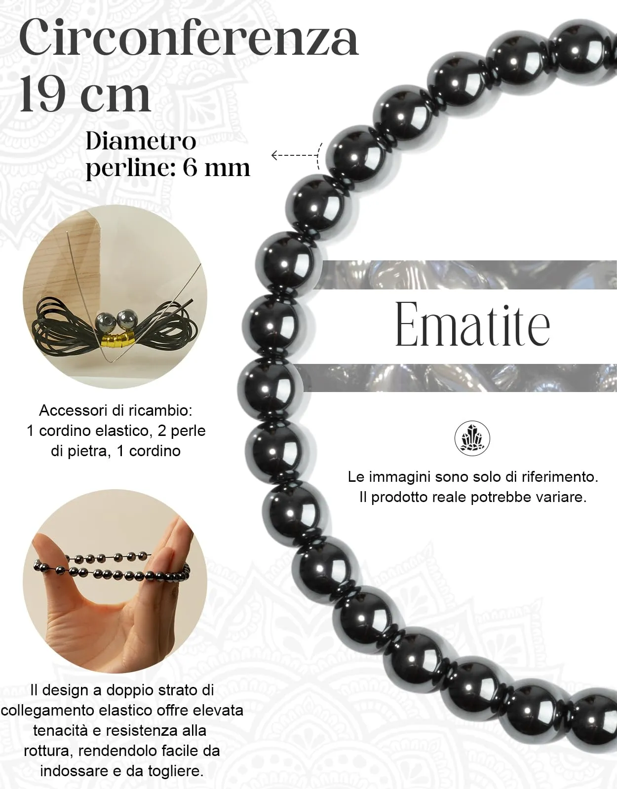 Landorilo Bracciale in Pietra Naturale Ematite, 6 mm, 19 cm - immagine 3