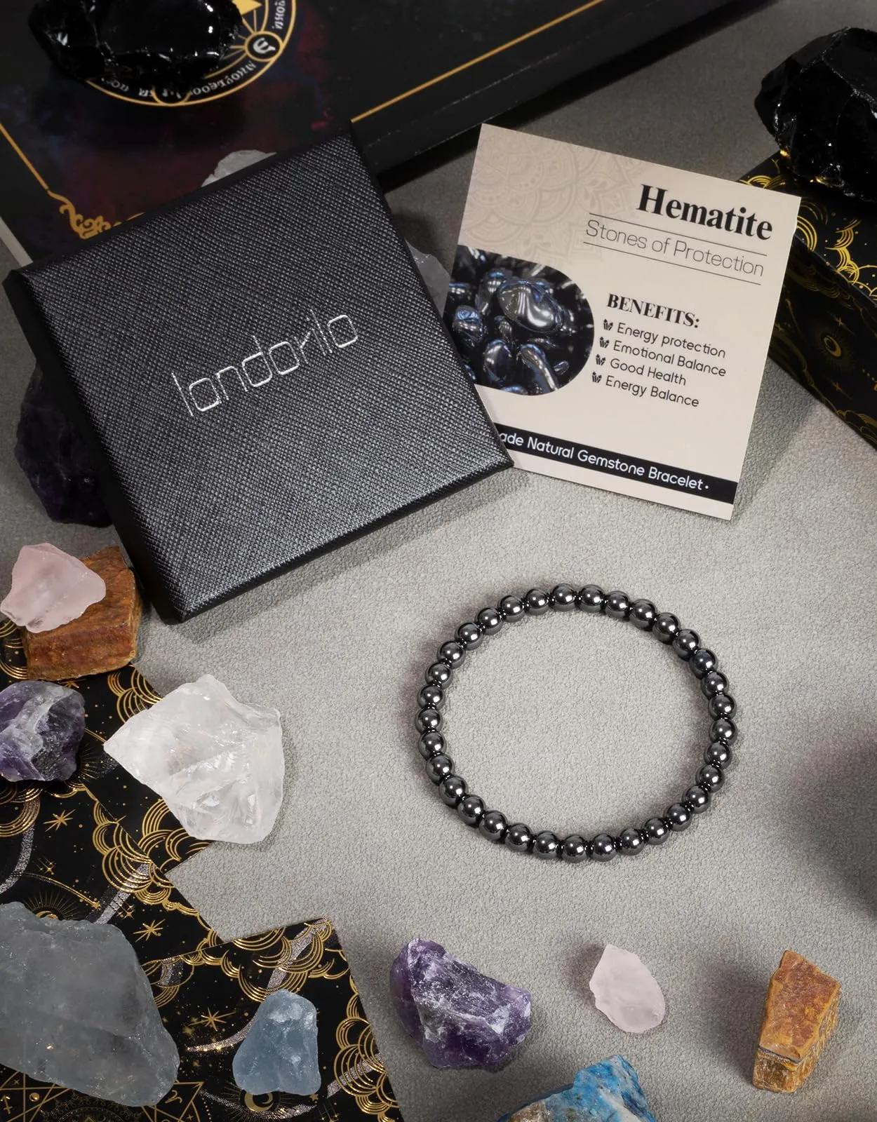 Landorilo Bracciale in Pietra Naturale Ematite, 6 mm, 19 cm - immagine 4