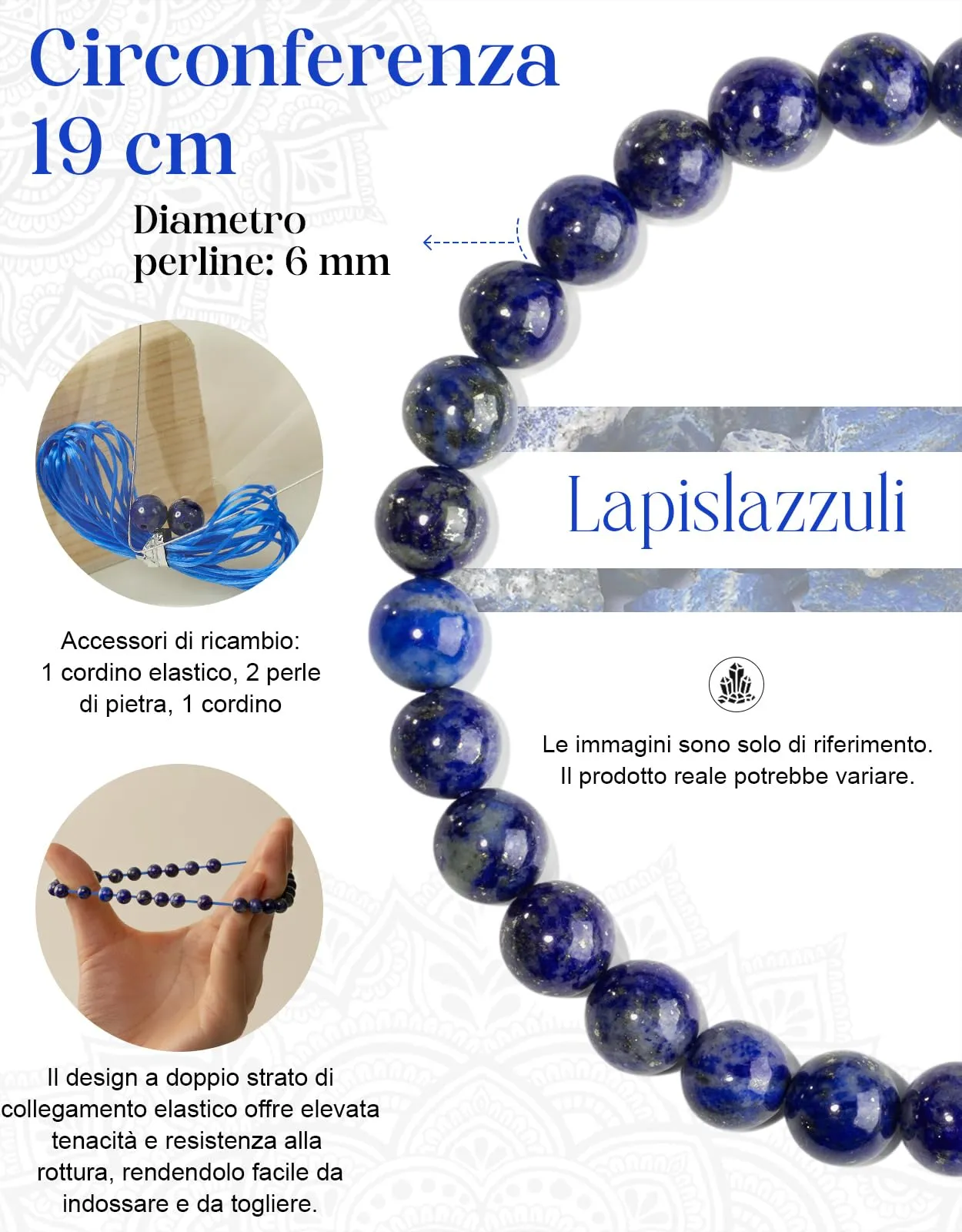 Landorilo Bracciale in Lapislazzuli, Pietra Naturale 6 mm, 19 cm - immagine 4