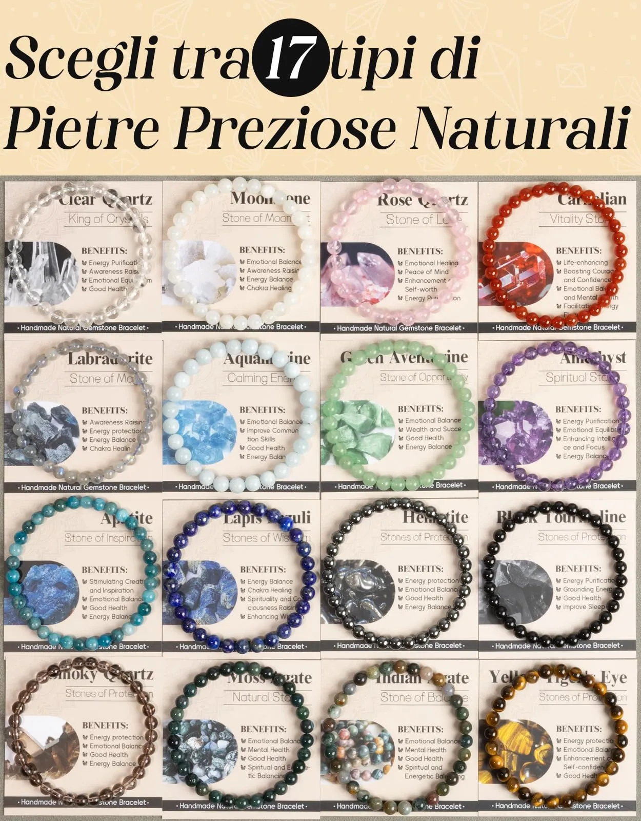 Landorilo Bracciale in Lapislazzuli, Pietra Naturale 6 mm, 19 cm - immagine 8