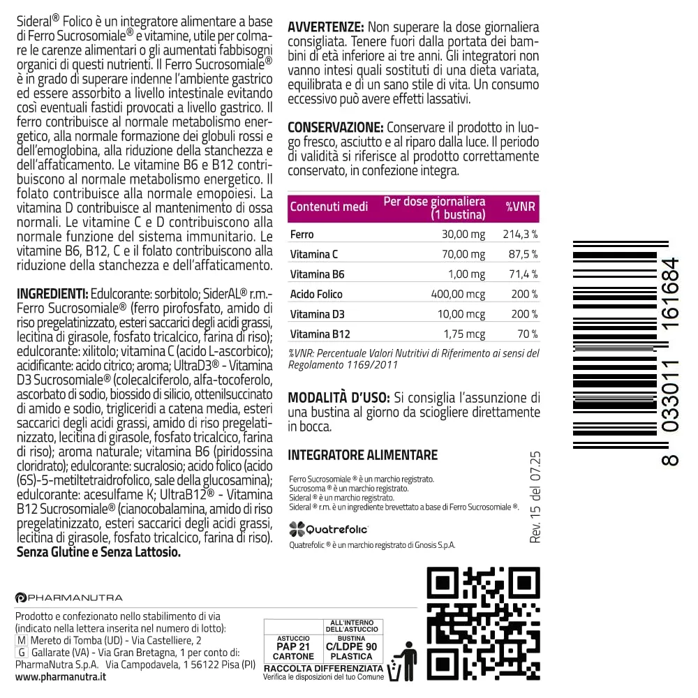 Pharmanutra SiderAL Folico con Ferro Sucrosomiale, Quatrefolic, Vitamine D3 e B12 Sucrosomiali, 40 bustine orosolubili - immagine 9