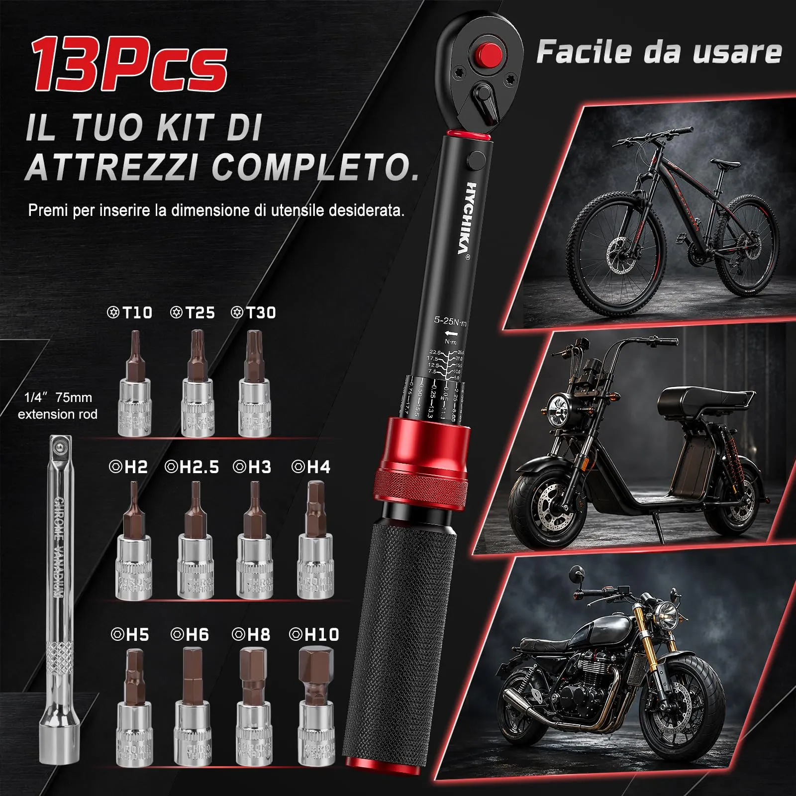 HYCHIKA Chiave Dinamometrica Bici 1/4", 5-25Nm, Precisione ±2% - immagine 7