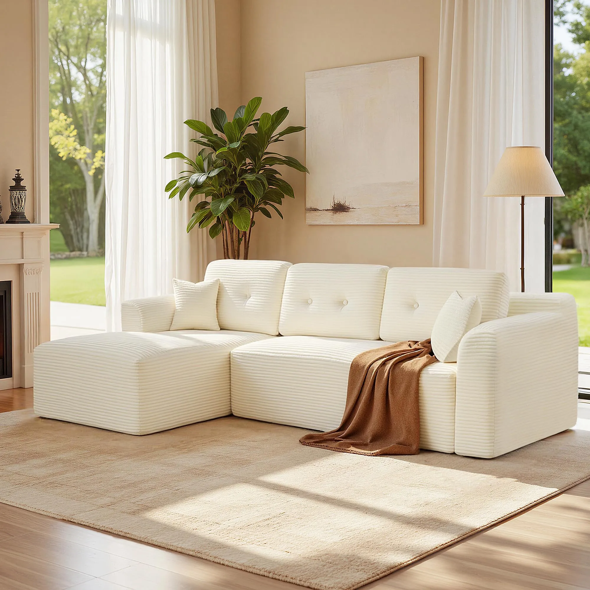 VASAGLE Divano Angolare Modulabile 244 cm con Chaise Longue a Sinistra, Bianco Crema LCS183WD01 - immagine 1