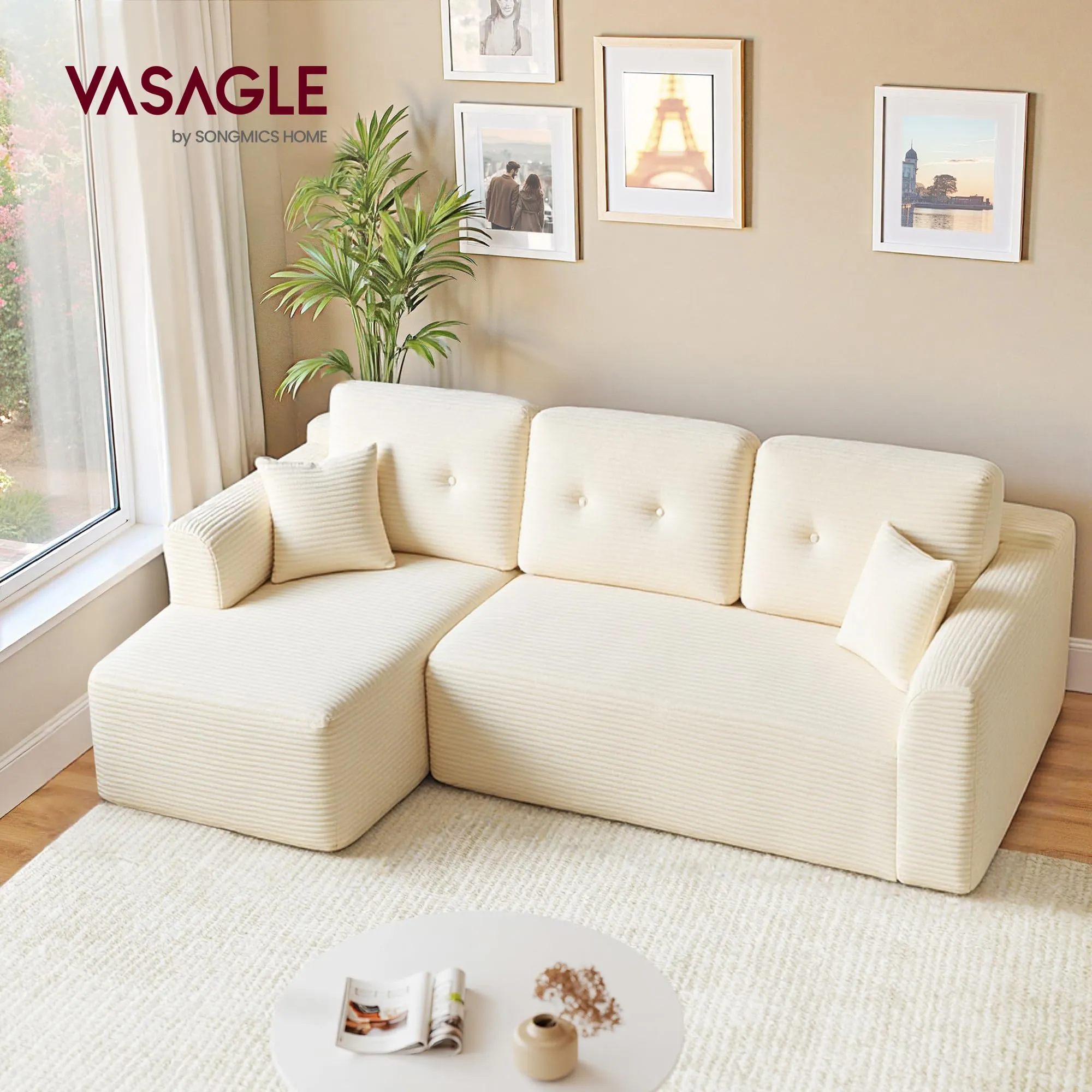 VASAGLE Divano Angolare Modulabile 244 cm con Chaise Longue a Sinistra, Bianco Crema LCS183WD01 - immagine 2