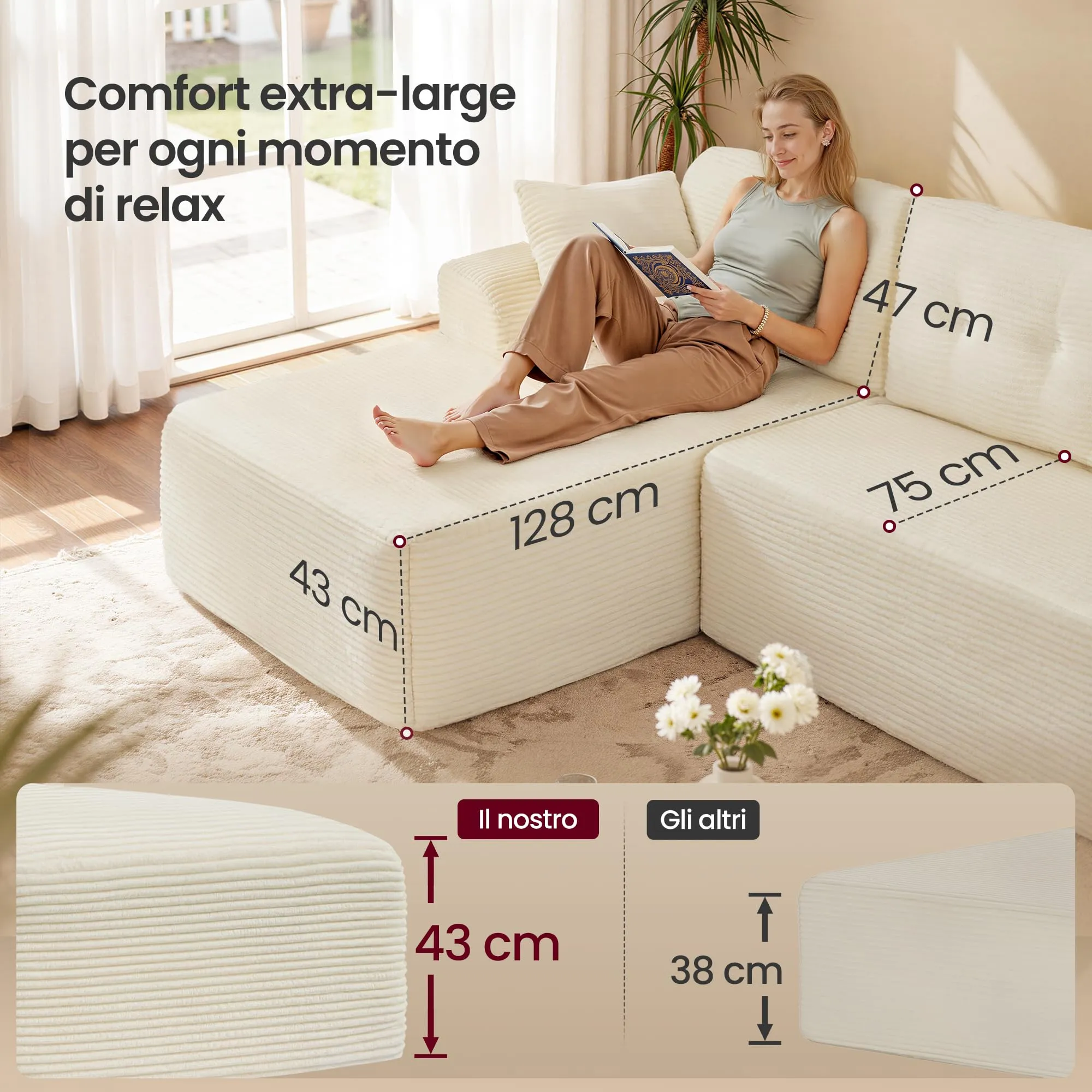 VASAGLE Divano Angolare Modulabile 244 cm con Chaise Longue a Sinistra, Bianco Crema LCS183WD01 - immagine 3