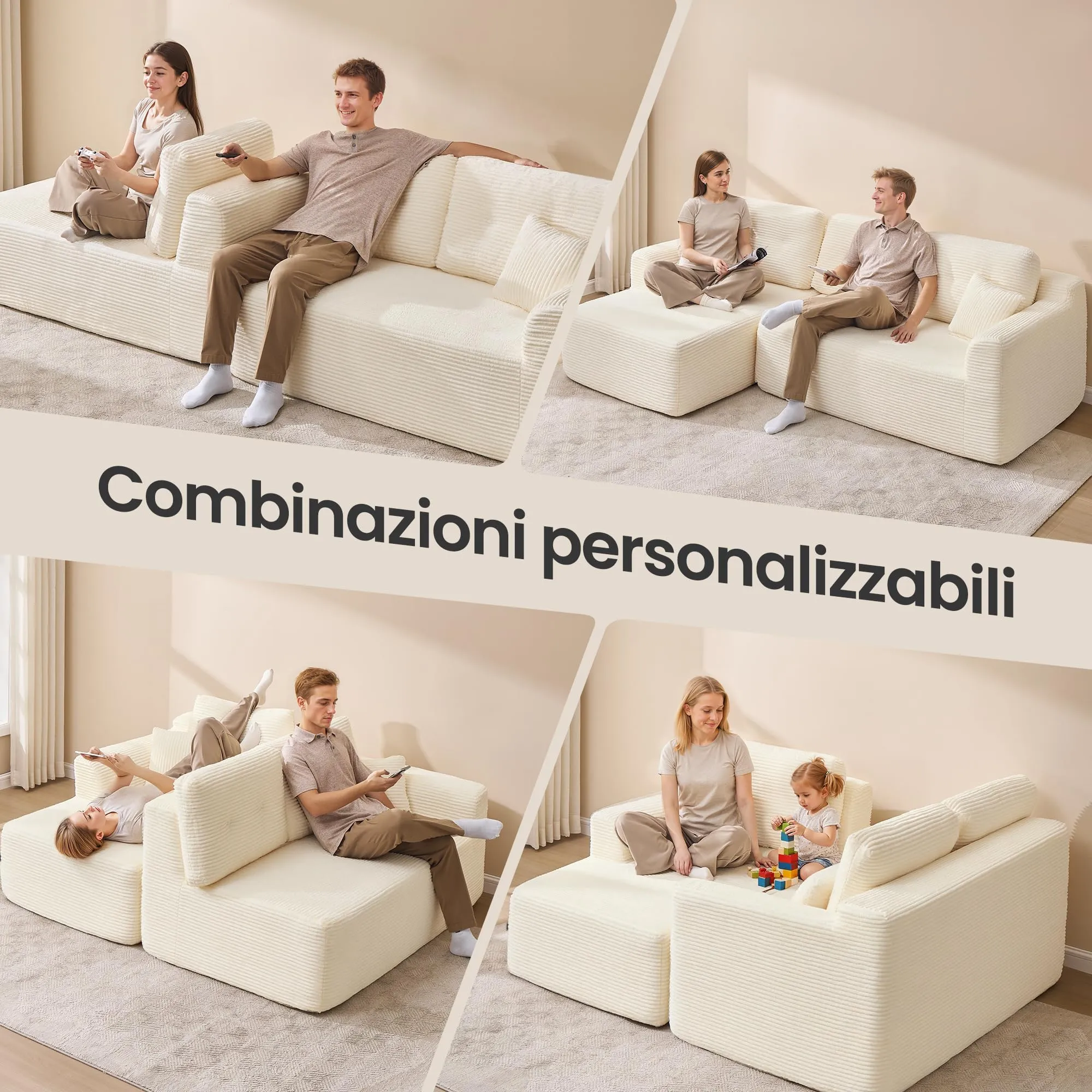 VASAGLE Divano Angolare Modulabile 244 cm con Chaise Longue a Sinistra, Bianco Crema LCS183WD01 - immagine 4