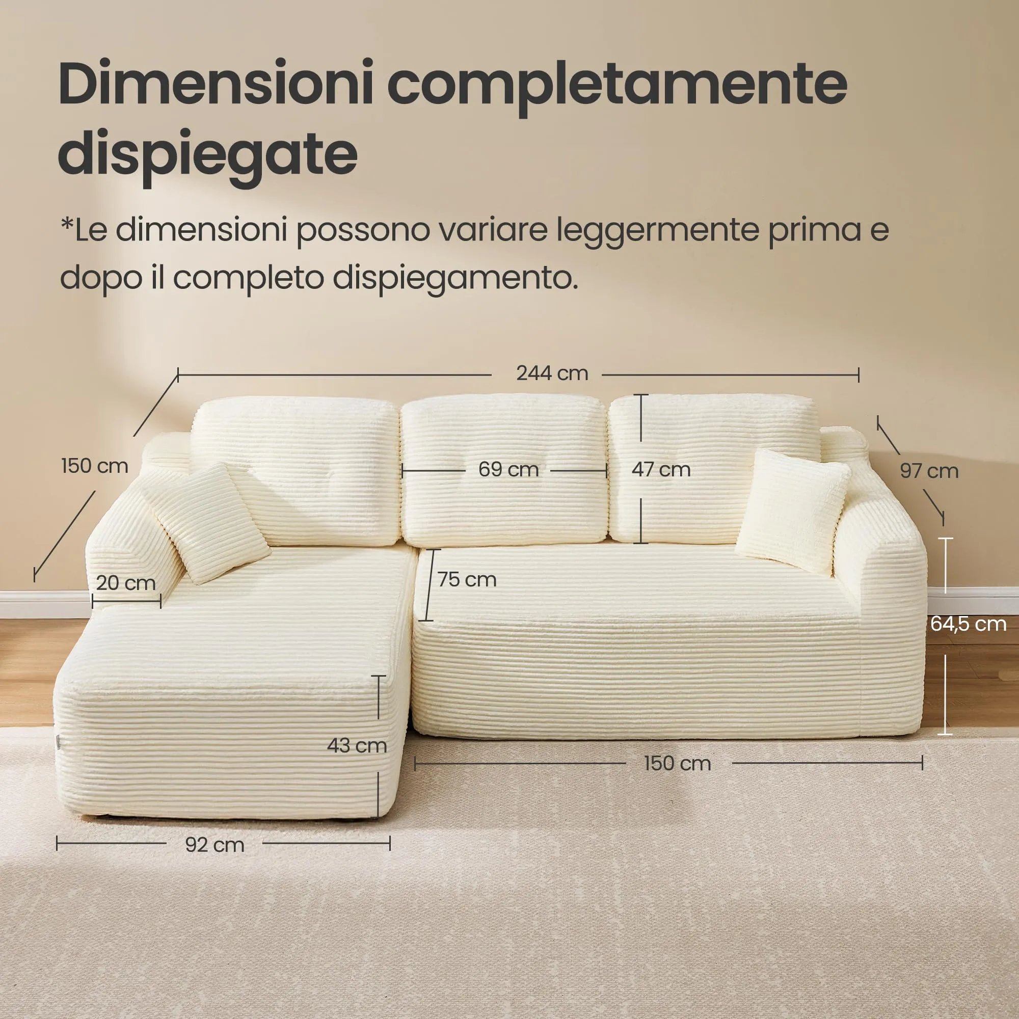 VASAGLE Divano Angolare Modulabile 244 cm con Chaise Longue a Sinistra, Bianco Crema LCS183WD01 - immagine 7