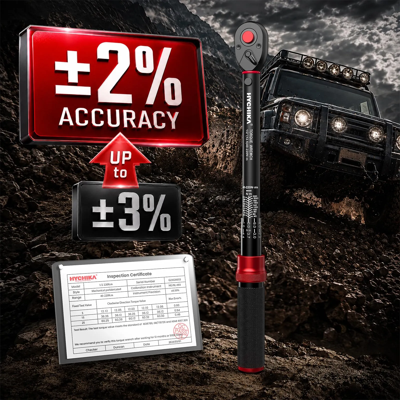 HYCHIKA Chiave Dinamometrica 1/2" 40-220 Nm con Adattatore 3/8", Prolunga e Bussole (17, 19, 21mm) - immagine 2