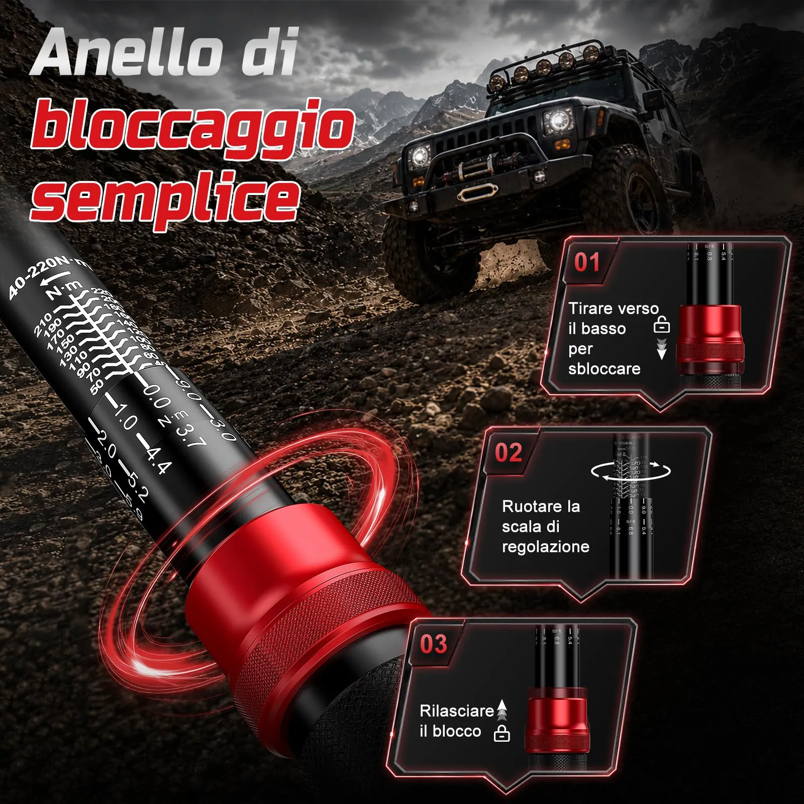 HYCHIKA Chiave Dinamometrica 1/2" 40-220 Nm con Adattatore 3/8", Prolunga e Bussole (17, 19, 21mm) - immagine 6