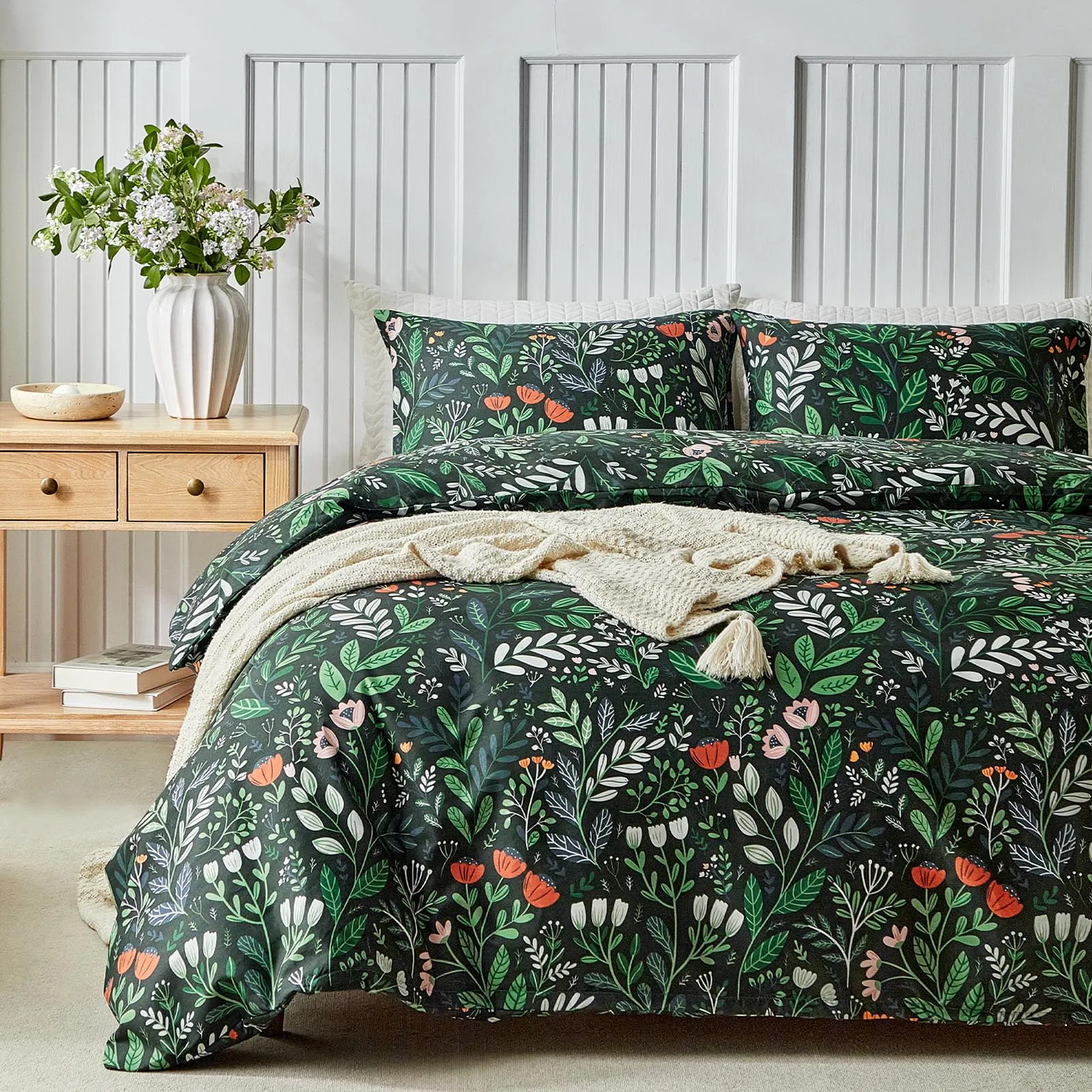 Tokokimo Set Copripiumino Matrimoniale 3 Pezzi, 240x220 cm, Motivo Giardino, Microfibra, Verde Scuro - immagine 1