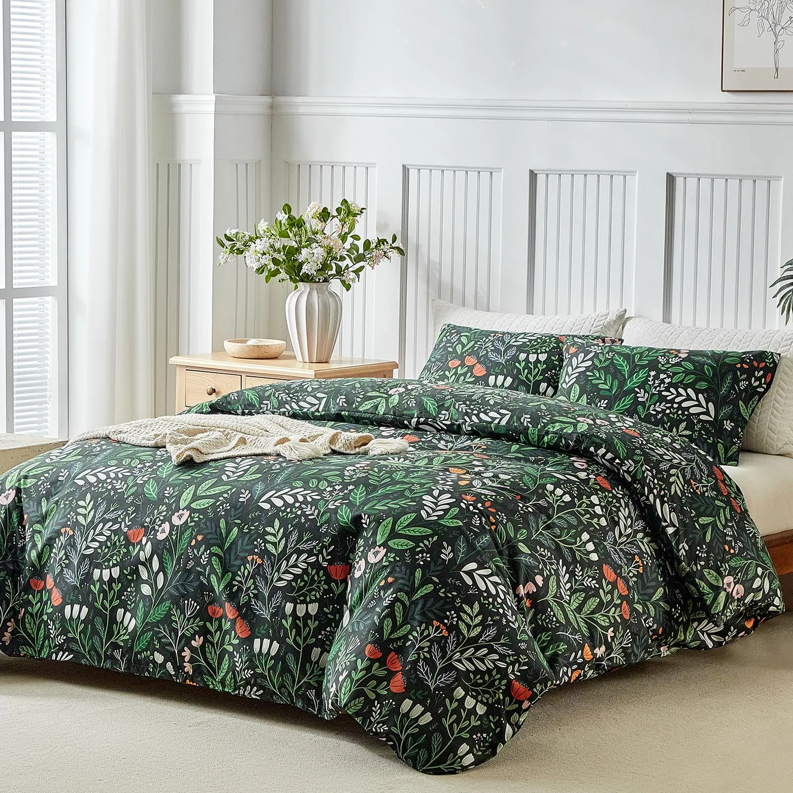 Tokokimo Set Copripiumino Matrimoniale 3 Pezzi, 240x220 cm, Motivo Giardino, Microfibra, Verde Scuro - immagine 2