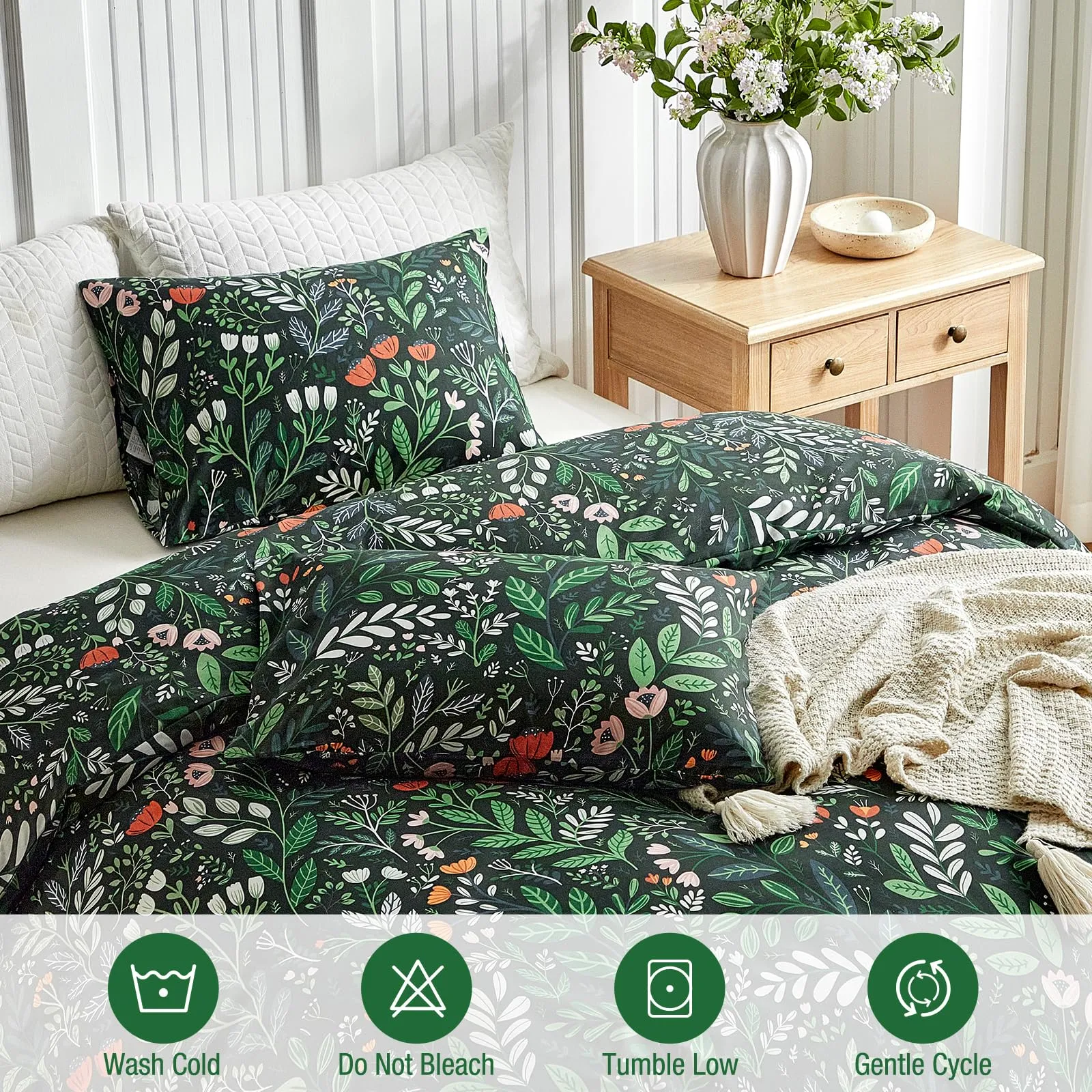 Tokokimo Set Copripiumino Matrimoniale 3 Pezzi, 240x220 cm, Motivo Giardino, Microfibra, Verde Scuro - immagine 6