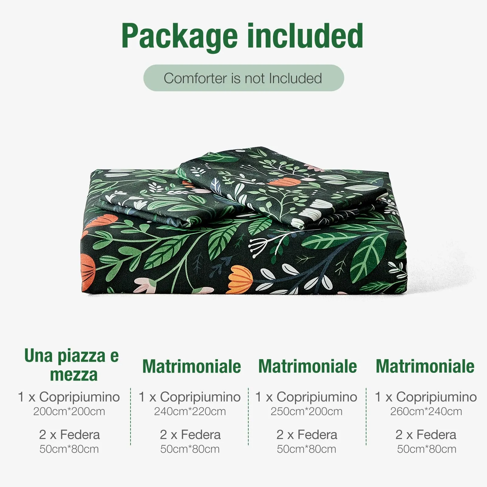 Tokokimo Set Copripiumino Matrimoniale 3 Pezzi, 240x220 cm, Motivo Giardino, Microfibra, Verde Scuro - immagine 7