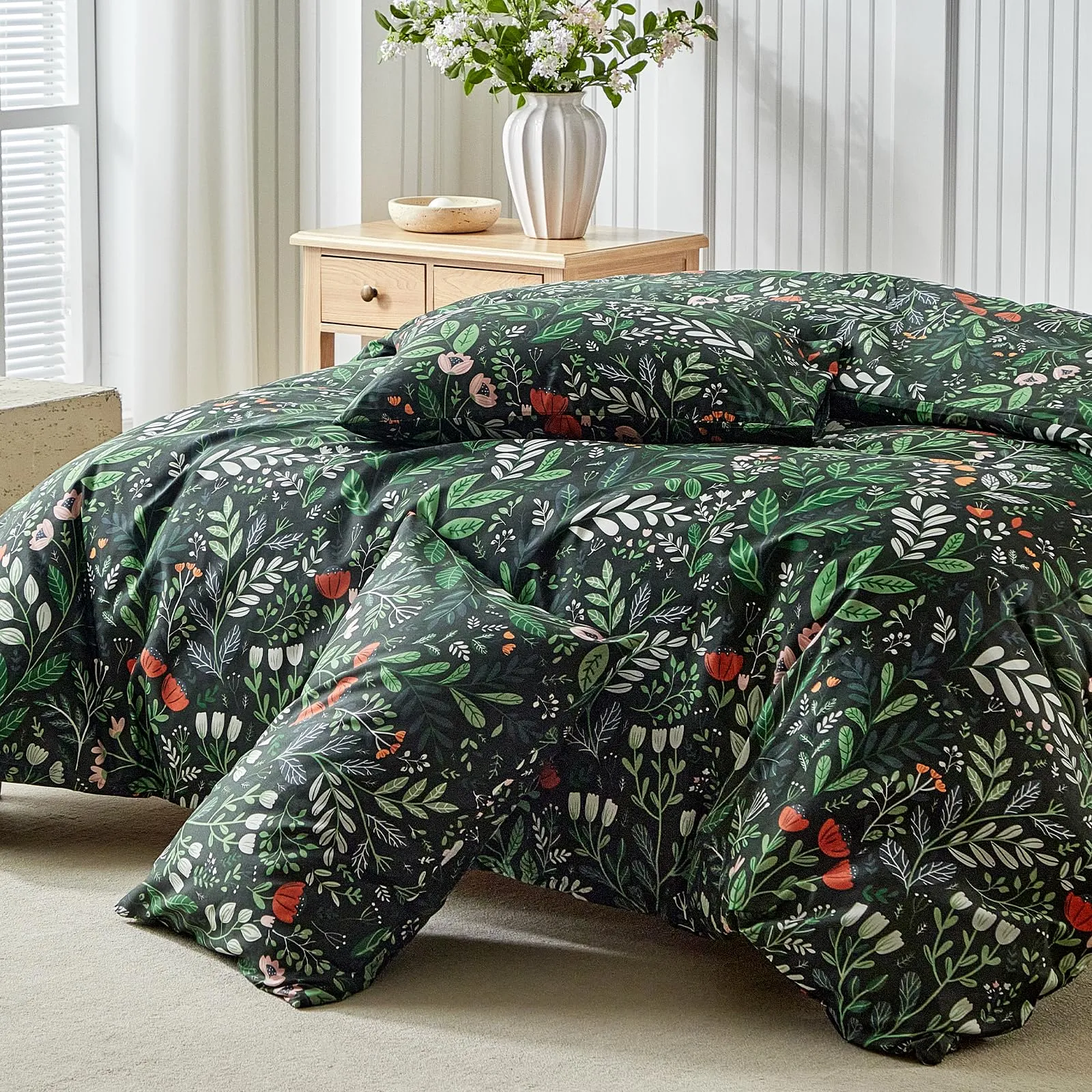 Tokokimo Set Copripiumino Matrimoniale 3 Pezzi, 240x220 cm, Motivo Giardino, Microfibra, Verde Scuro - immagine 9