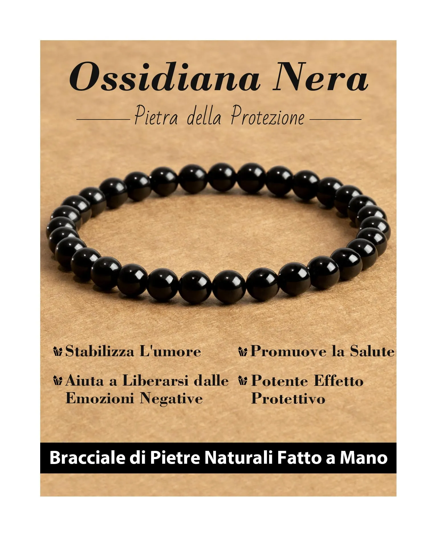 Landorilo Bracciale in Pietra Naturale Ossidiana Nera, 6 mm, 19 cm - immagine 1