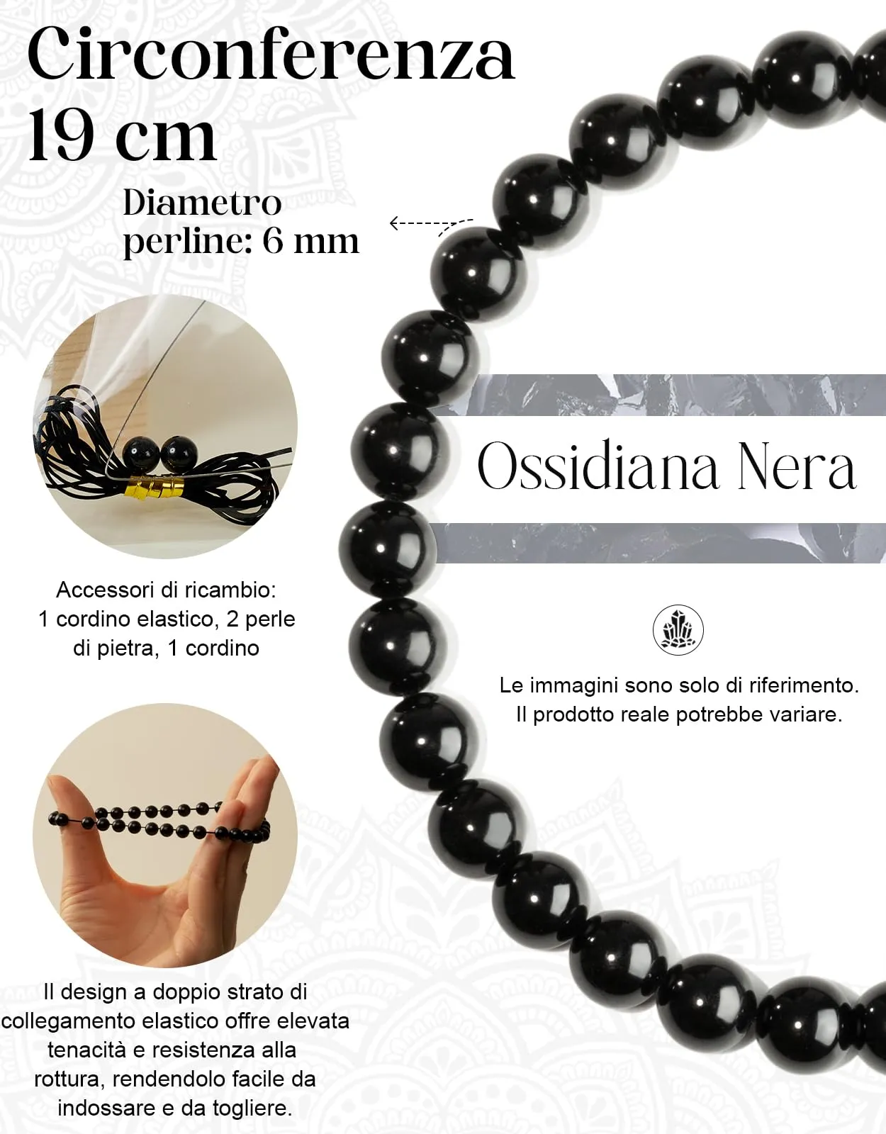 Landorilo Bracciale in Pietra Naturale Ossidiana Nera, 6 mm, 19 cm - immagine 3
