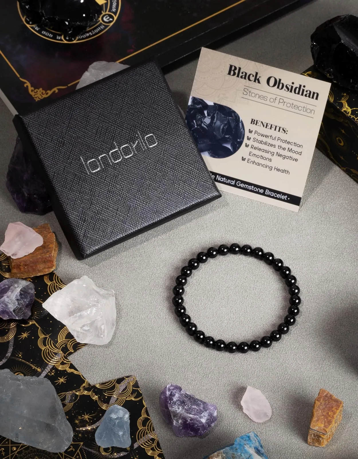 Landorilo Bracciale in Pietra Naturale Ossidiana Nera, 6 mm, 19 cm - immagine 4