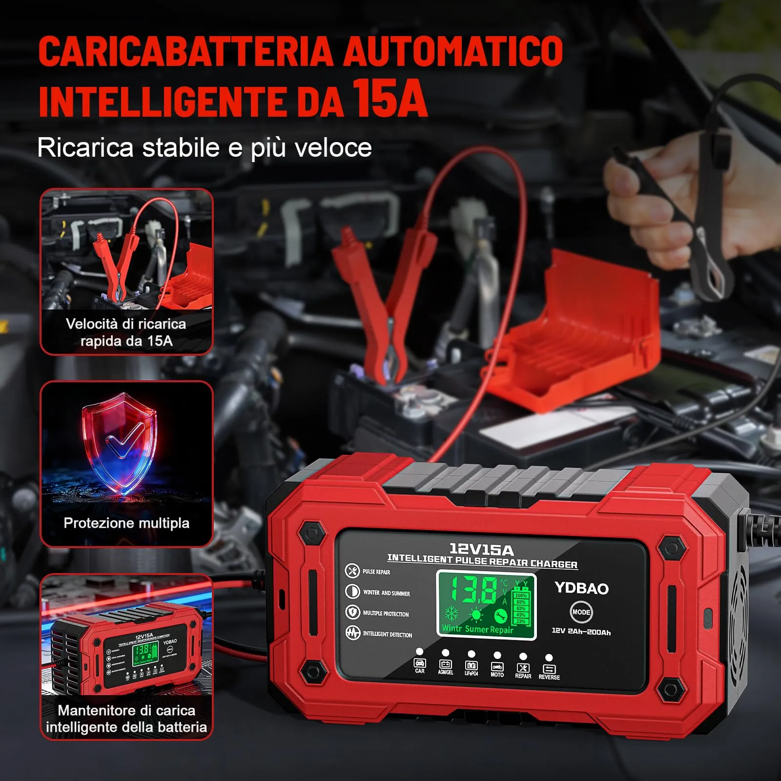 YDBAO Caricabatteria Intelligente 12V 15A per Auto, Moto, Barche, Batterie AGM, GEL, LiFePO4 - immagine 2
