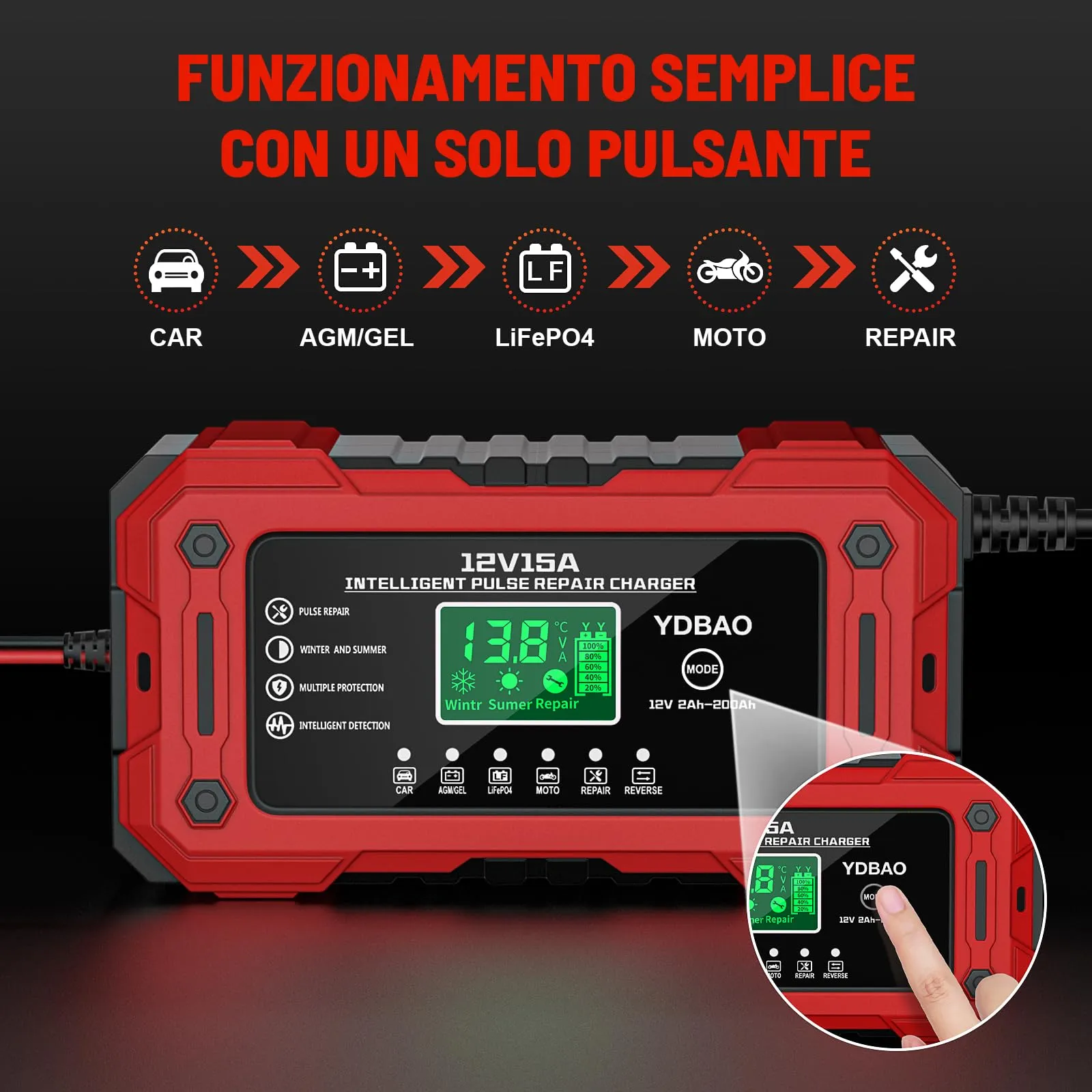 YDBAO Caricabatteria Intelligente 12V 15A per Auto, Moto, Barche, Batterie AGM, GEL, LiFePO4 - immagine 4
