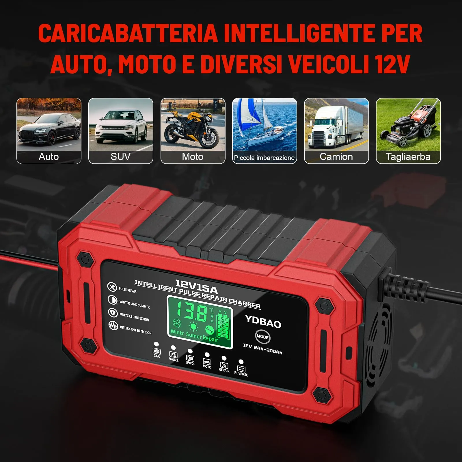 YDBAO Caricabatteria Intelligente 12V 15A per Auto, Moto, Barche, Batterie AGM, GEL, LiFePO4 - immagine 5