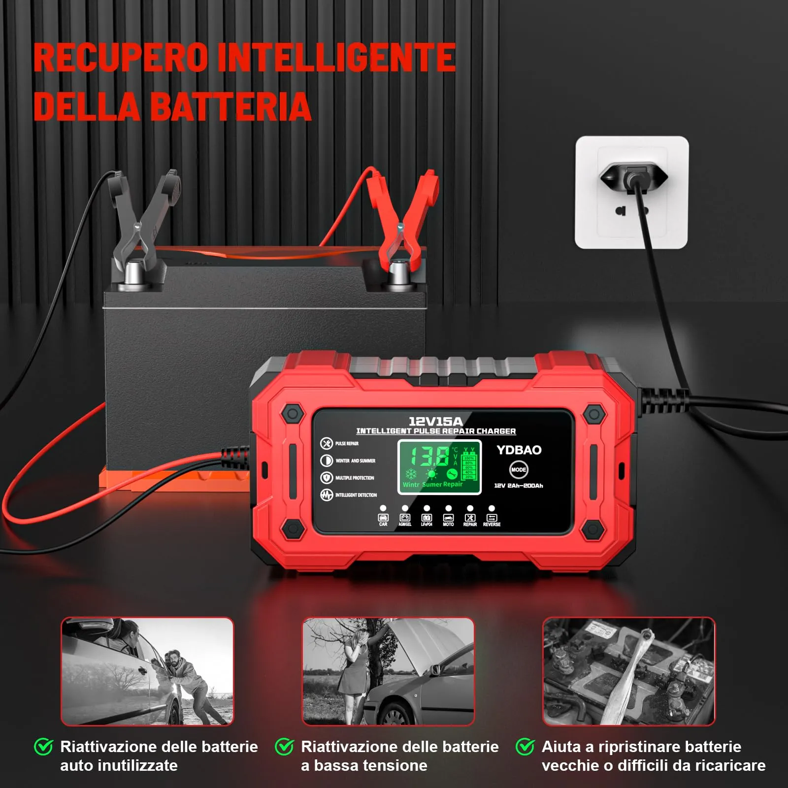 YDBAO Caricabatteria Intelligente 12V 15A per Auto, Moto, Barche, Batterie AGM, GEL, LiFePO4 - immagine 6