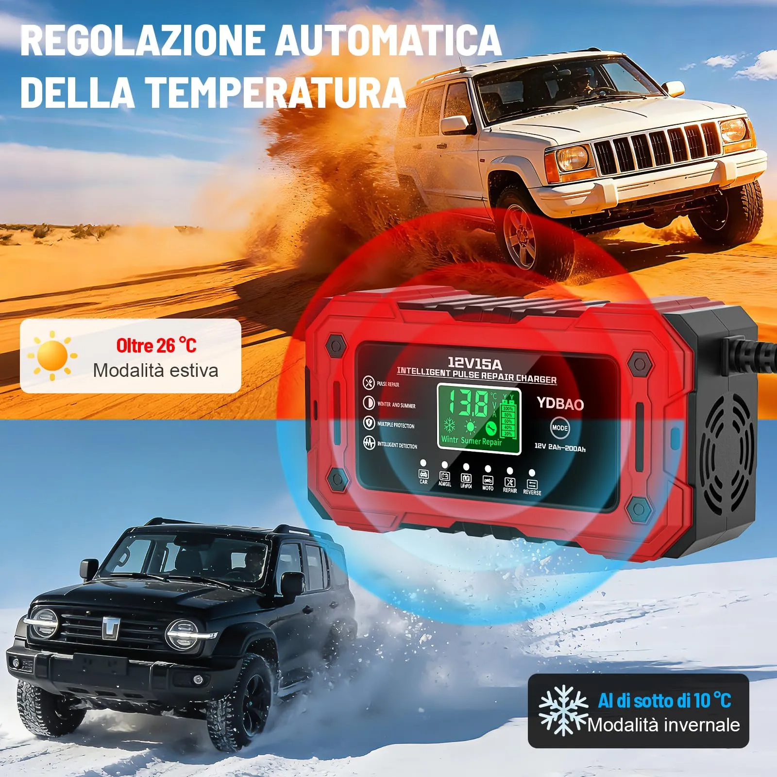 YDBAO Caricabatteria Intelligente 12V 15A per Auto, Moto, Barche, Batterie AGM, GEL, LiFePO4 - immagine 7