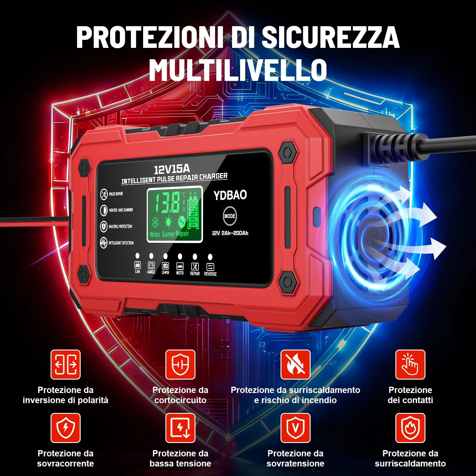 YDBAO Caricabatteria Intelligente 12V 15A per Auto, Moto, Barche, Batterie AGM, GEL, LiFePO4 - immagine 8
