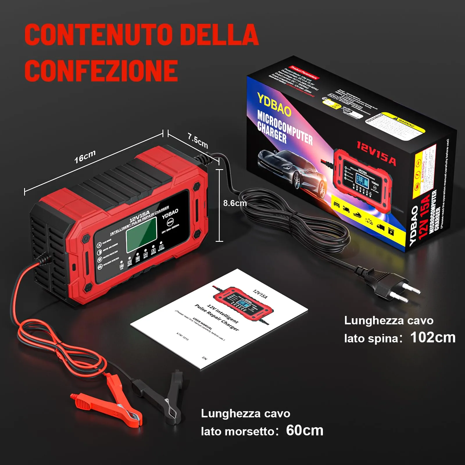 YDBAO Caricabatteria Intelligente 12V 15A per Auto, Moto, Barche, Batterie AGM, GEL, LiFePO4 - immagine 9