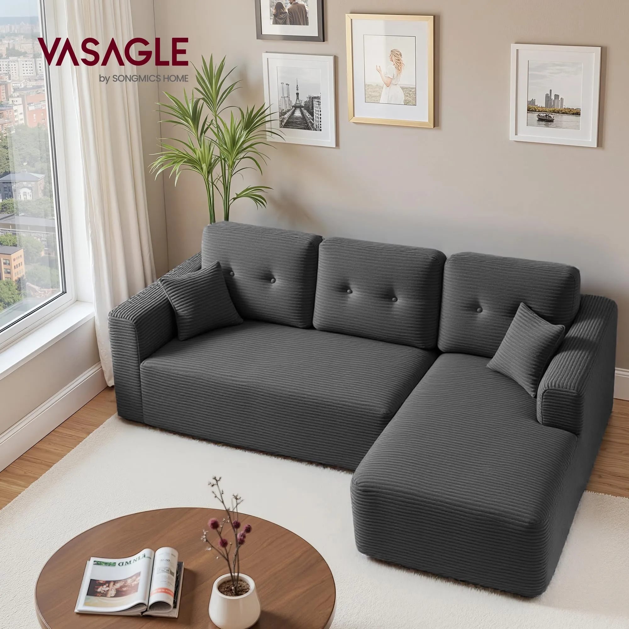 VASAGLE Divano Angolare Modulabile 244 cm con Chaise Longue a Destra, Grigio Ardesia LCS184GN01 - immagine 2
