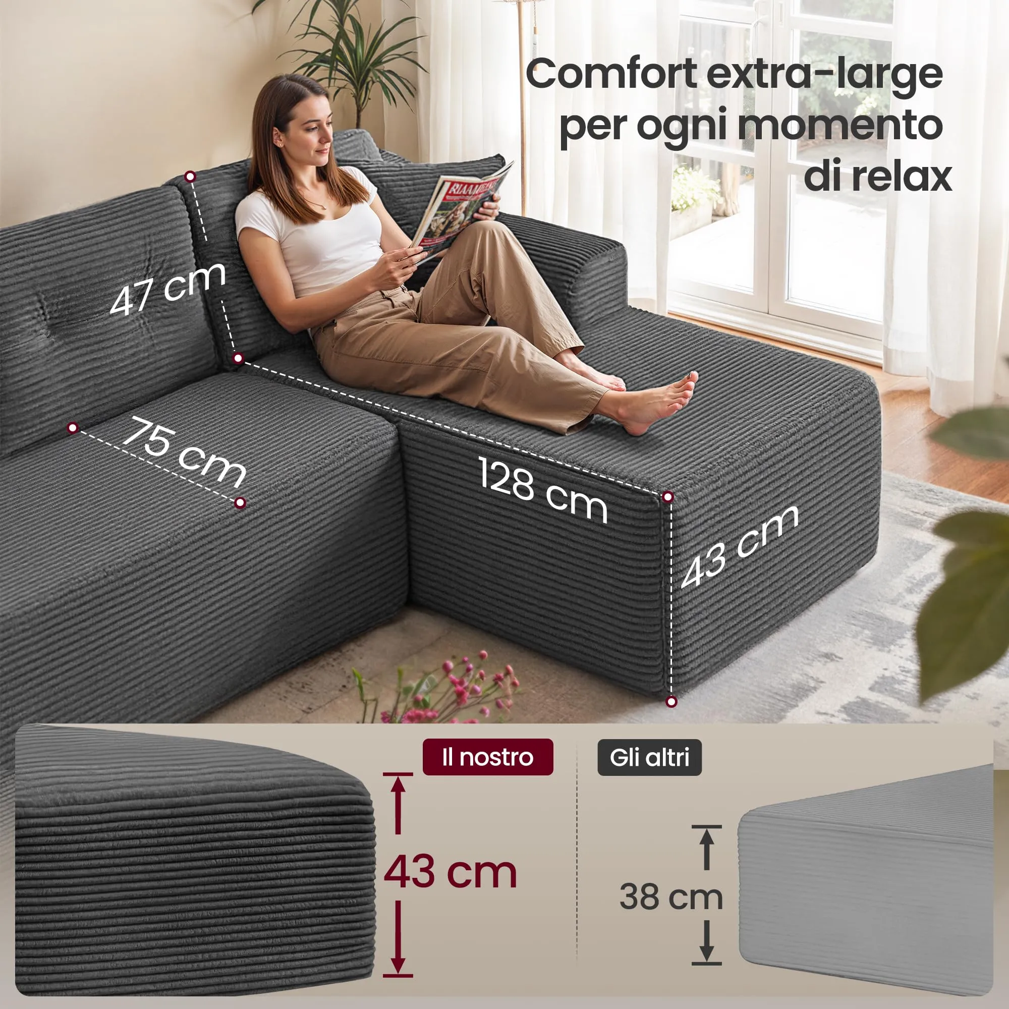 VASAGLE Divano Angolare Modulabile 244 cm con Chaise Longue a Destra, Grigio Ardesia LCS184GN01 - immagine 3