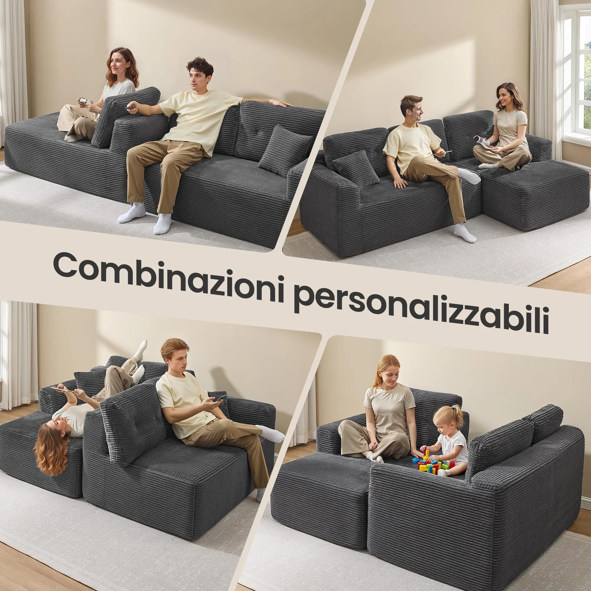 VASAGLE Divano Angolare Modulabile 244 cm con Chaise Longue a Destra, Grigio Ardesia LCS184GN01 - immagine 4