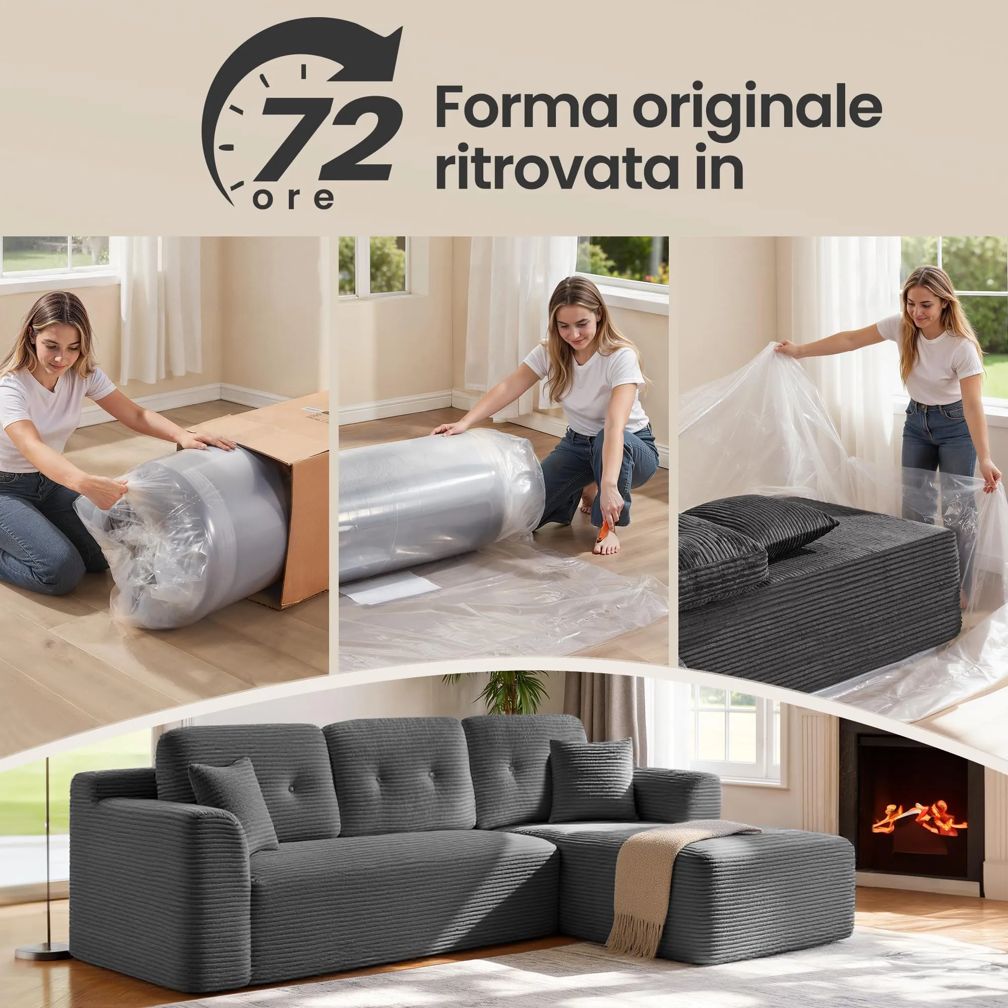 VASAGLE Divano Angolare Modulabile 244 cm con Chaise Longue a Destra, Grigio Ardesia LCS184GN01 - immagine 5