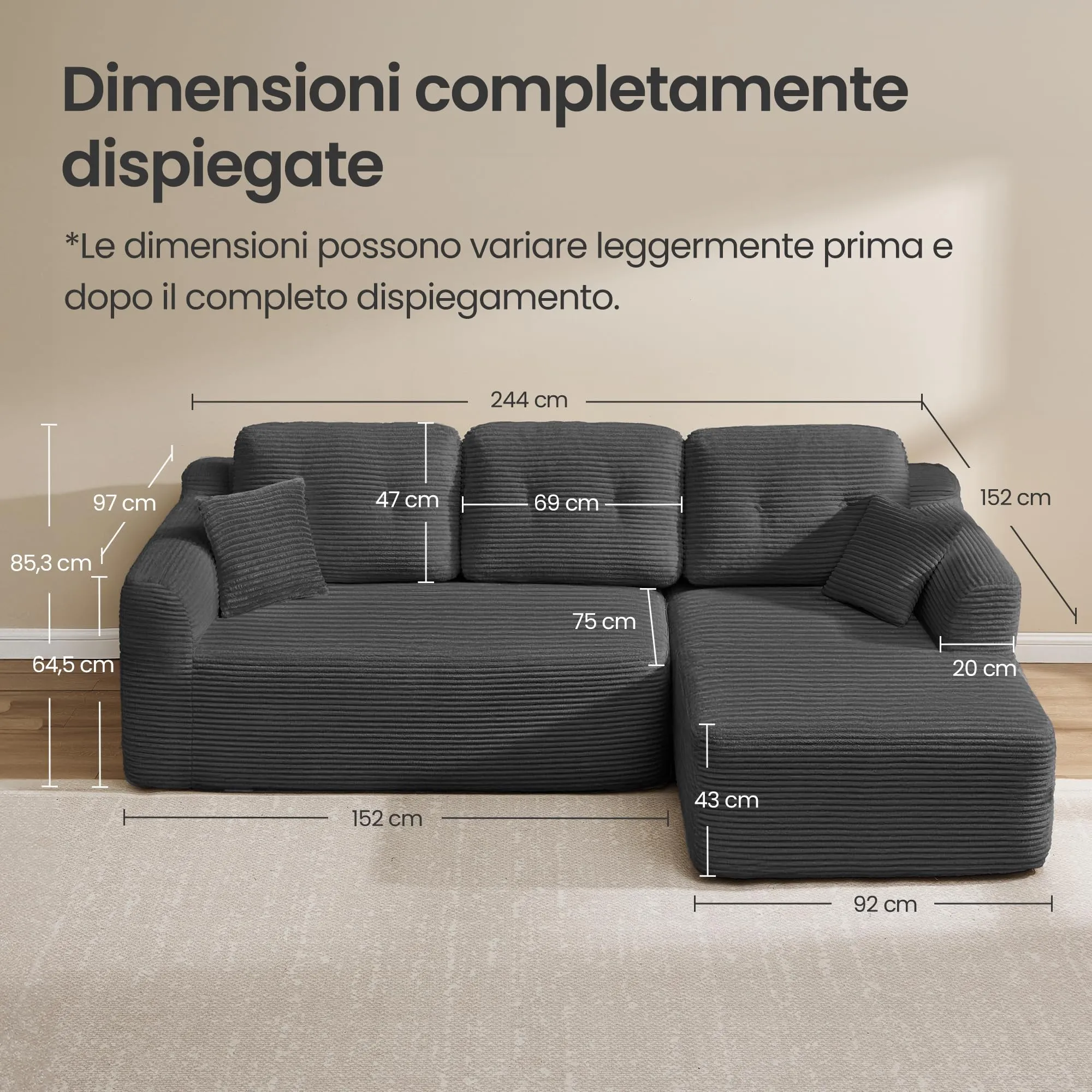 VASAGLE Divano Angolare Modulabile 244 cm con Chaise Longue a Destra, Grigio Ardesia LCS184GN01 - immagine 7