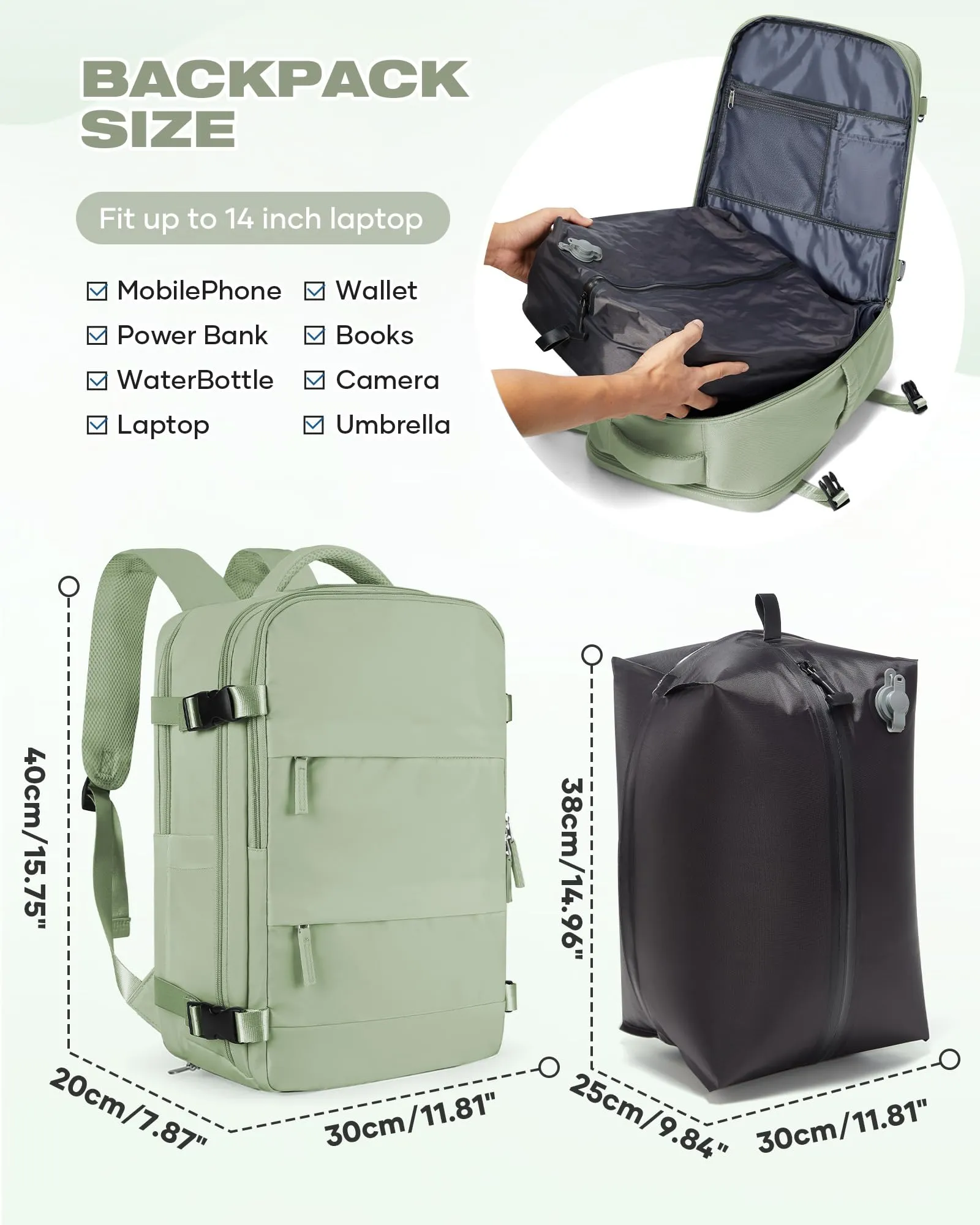 SZLX Zaino da Viaggio Sottovuoto con Pompa 40x30x20cm per Ryanair e Wizzair, Impermeabile, Scomparto Laptop 14 Pollici e Scomparto Scarpe - immagine 4
