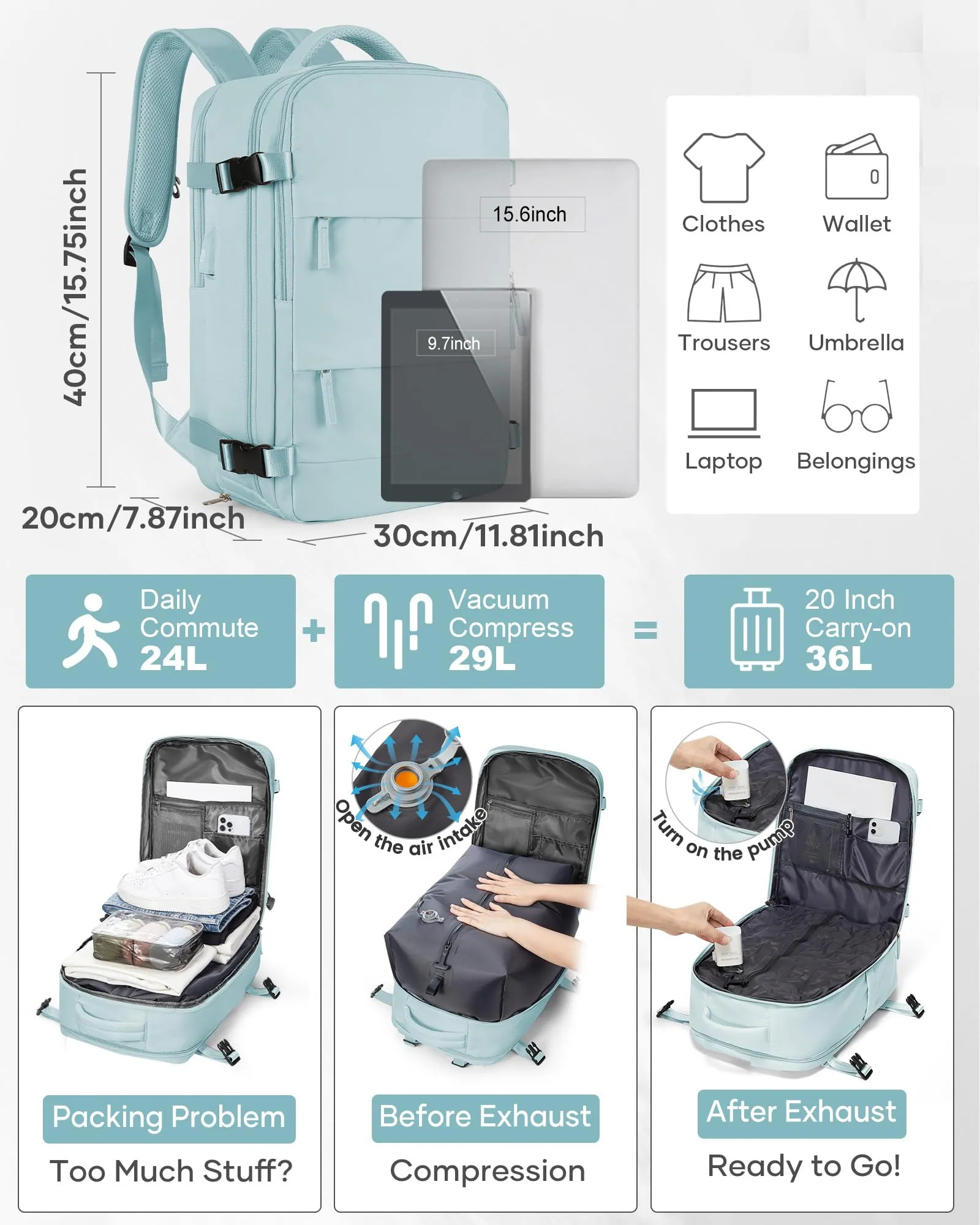 SZLX Zaino da Viaggio Sottovuoto con Pompa 40x30x20 Ryanair Wizzair, Bagaglio a Mano Impermeabile per Laptop 14 Pollici con Scomparto Scarpe - immagine 5