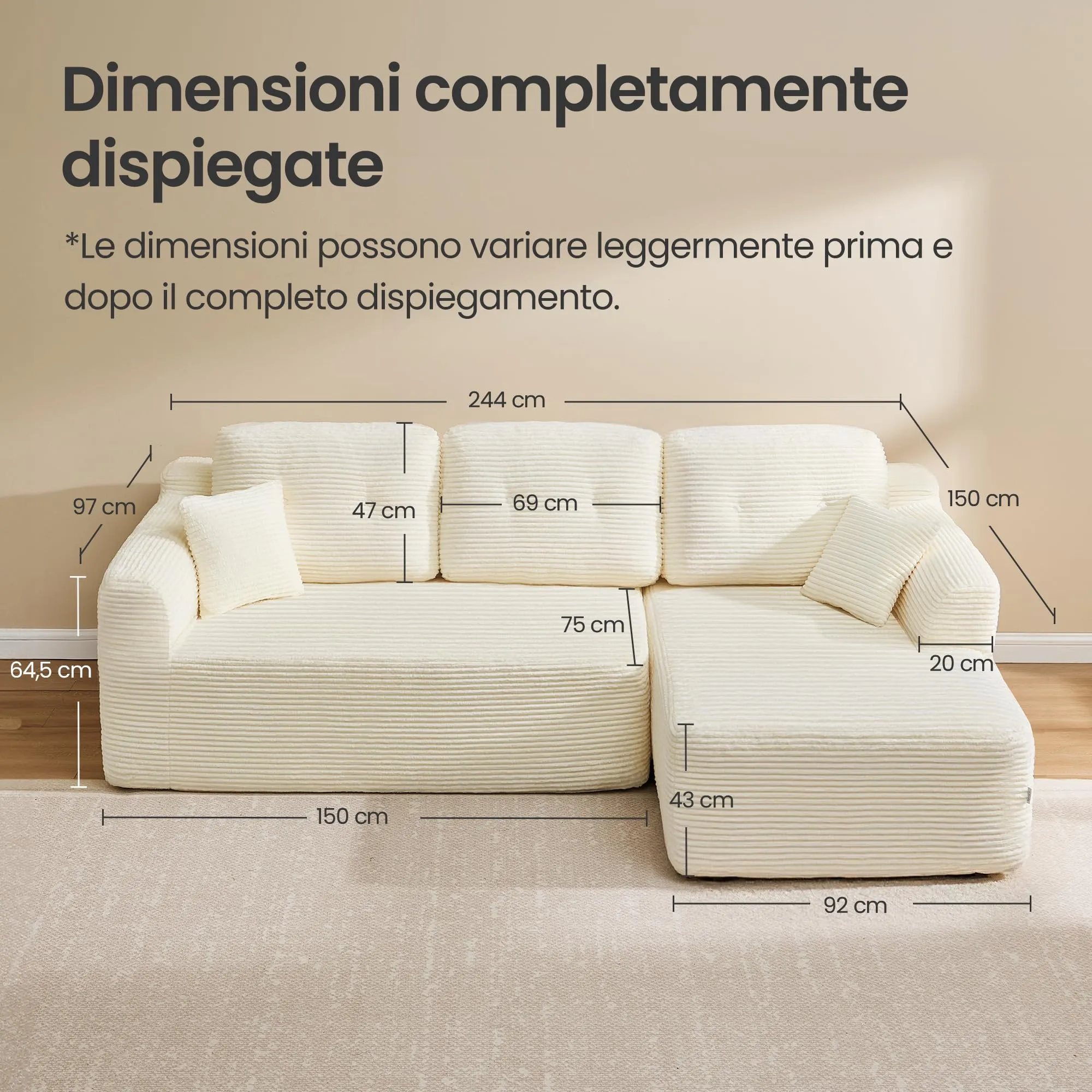 VASAGLE Divano Angolare Modulabile 244 cm con Chaise Longue a Destra, Bianco Crema LCS184WD01 - immagine 2
