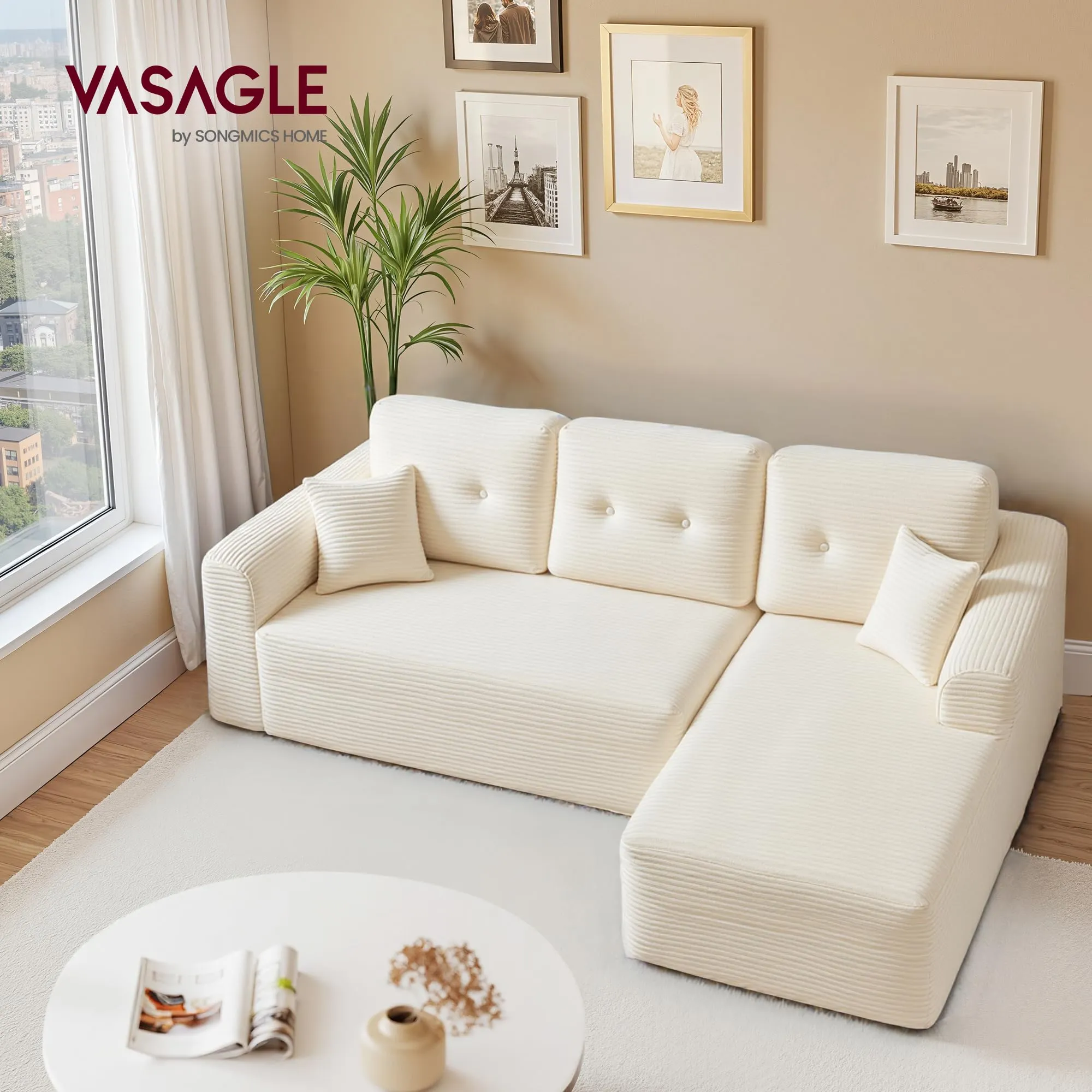 VASAGLE Divano Angolare Modulabile 244 cm con Chaise Longue a Destra, Bianco Crema LCS184WD01 - immagine 3