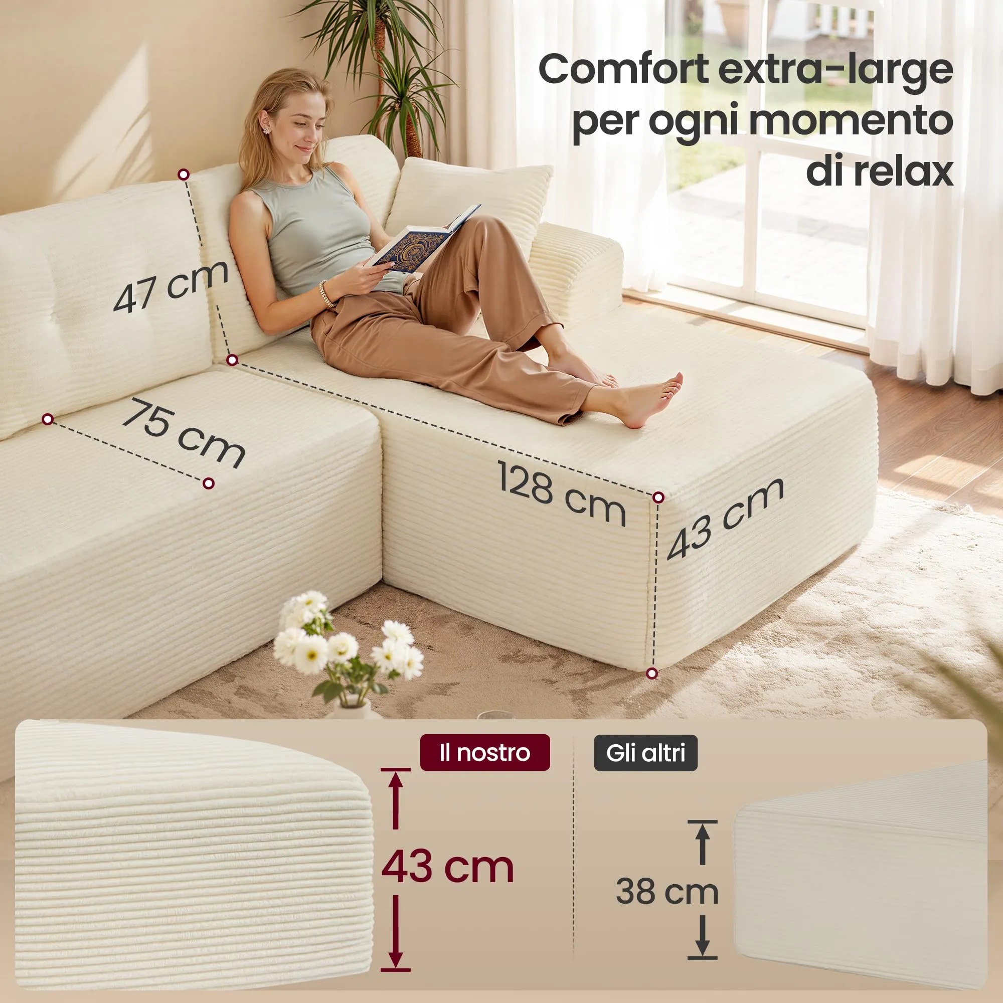 VASAGLE Divano Angolare Modulabile 244 cm con Chaise Longue a Destra, Bianco Crema LCS184WD01 - immagine 4