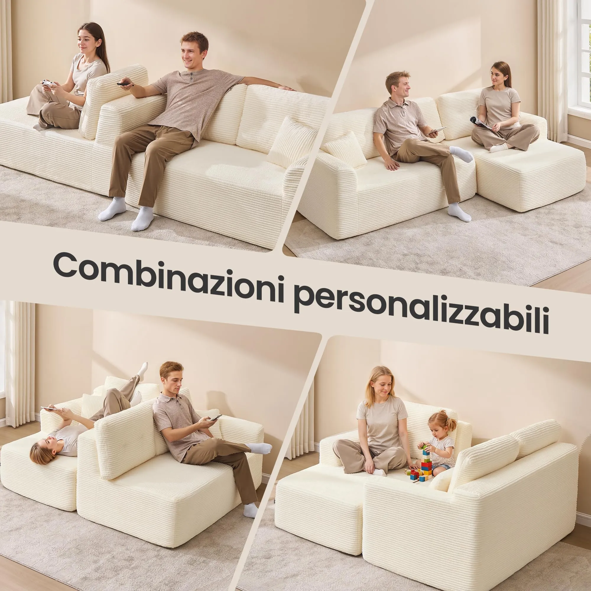 VASAGLE Divano Angolare Modulabile 244 cm con Chaise Longue a Destra, Bianco Crema LCS184WD01 - immagine 5