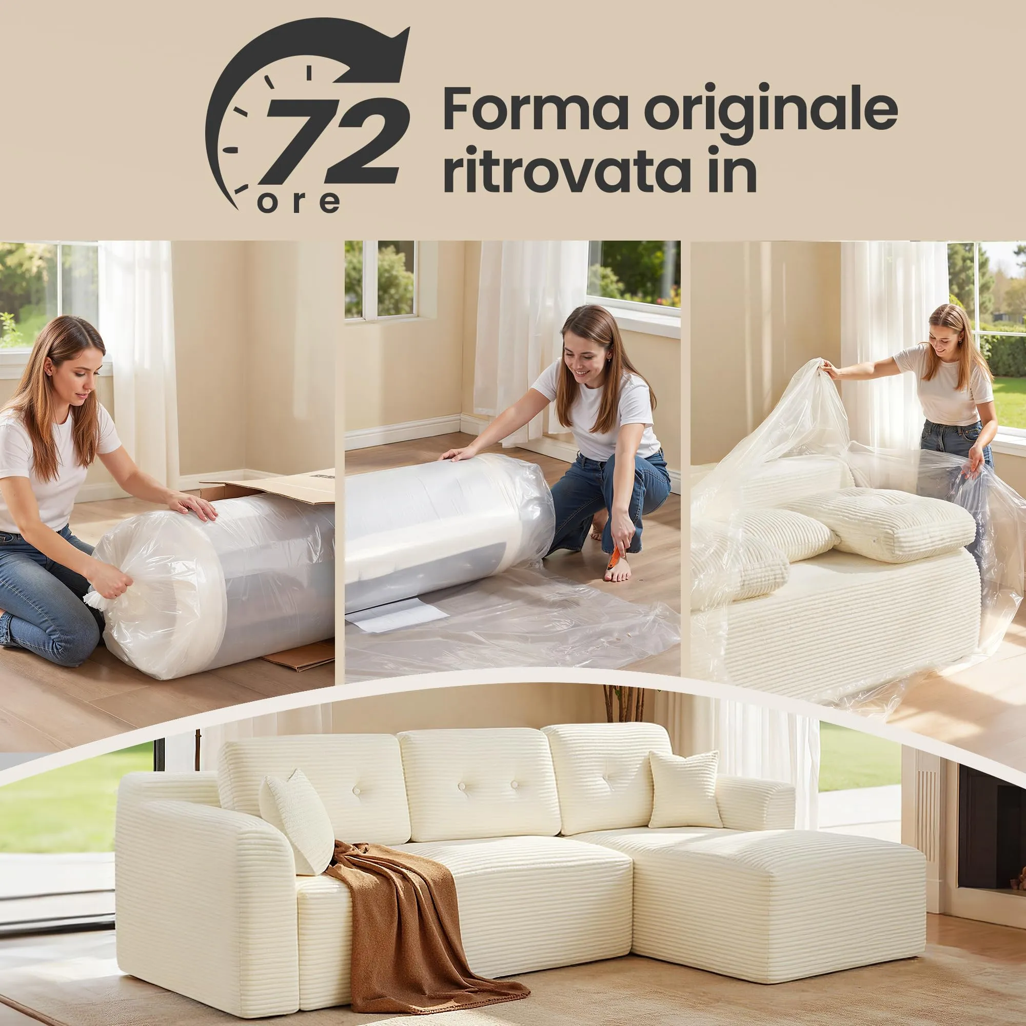 VASAGLE Divano Angolare Modulabile 244 cm con Chaise Longue a Destra, Bianco Crema LCS184WD01 - immagine 6