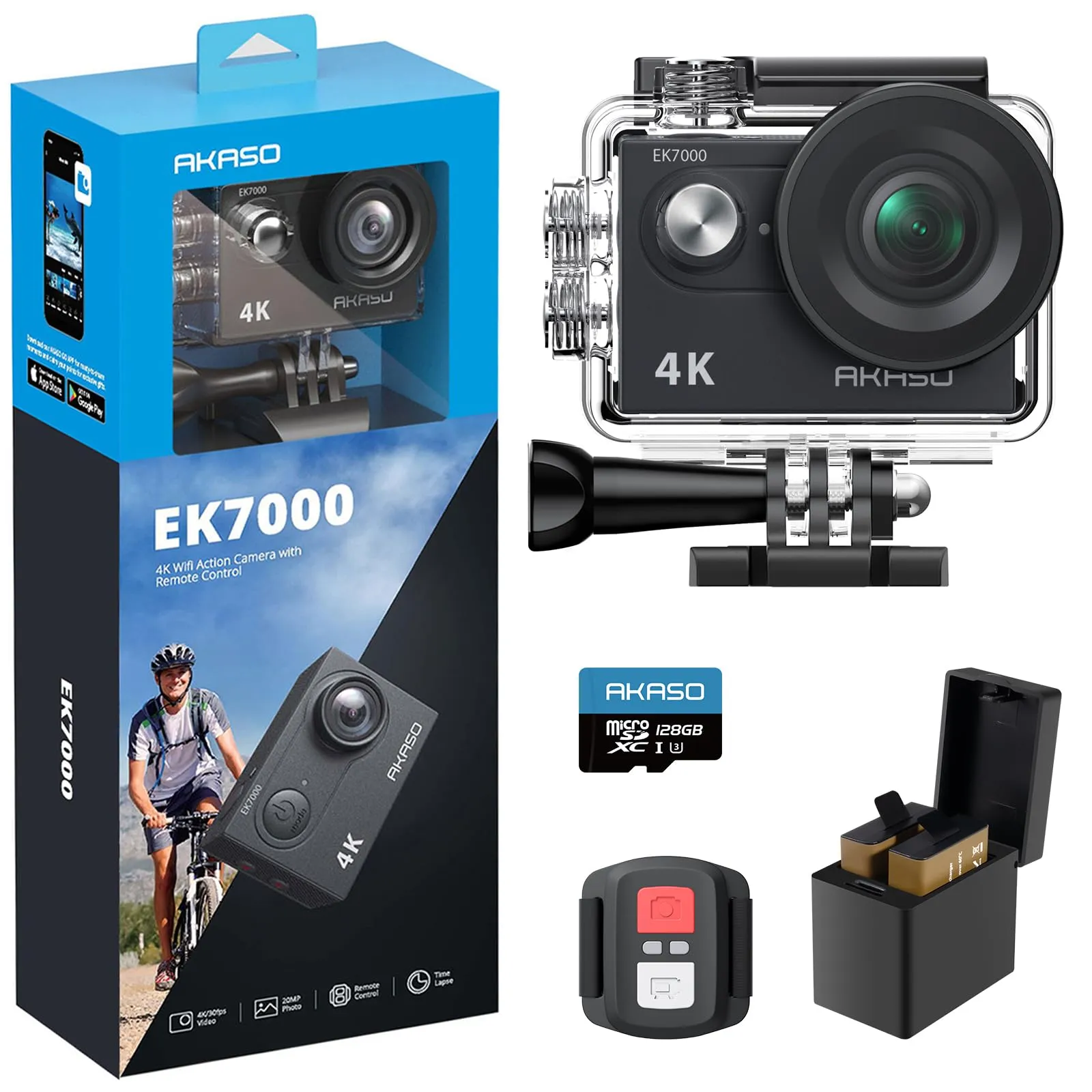 AKASO EK7000 Action Camera 4K 30FPS WiFi 20MP with 128GB microSDXC - immagine 1