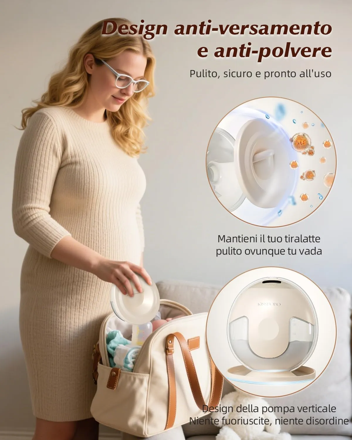 KISSBOBO K5 Tiralatte Elettrico, 4 Modalità, 19 Livelli, 280 mmHg, Mani Libere, Beige - immagine 8