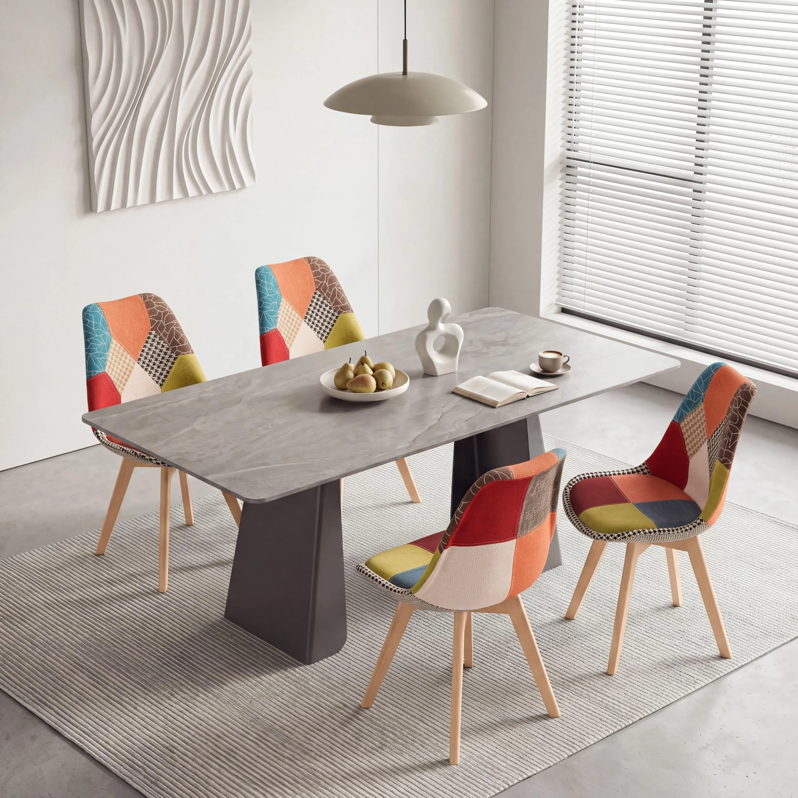 GrandCA HOME Set di 4 Sedie da Sala da Pranzo in Legno con Seduta in Tessuto Patchwork, Rosso - immagine 4