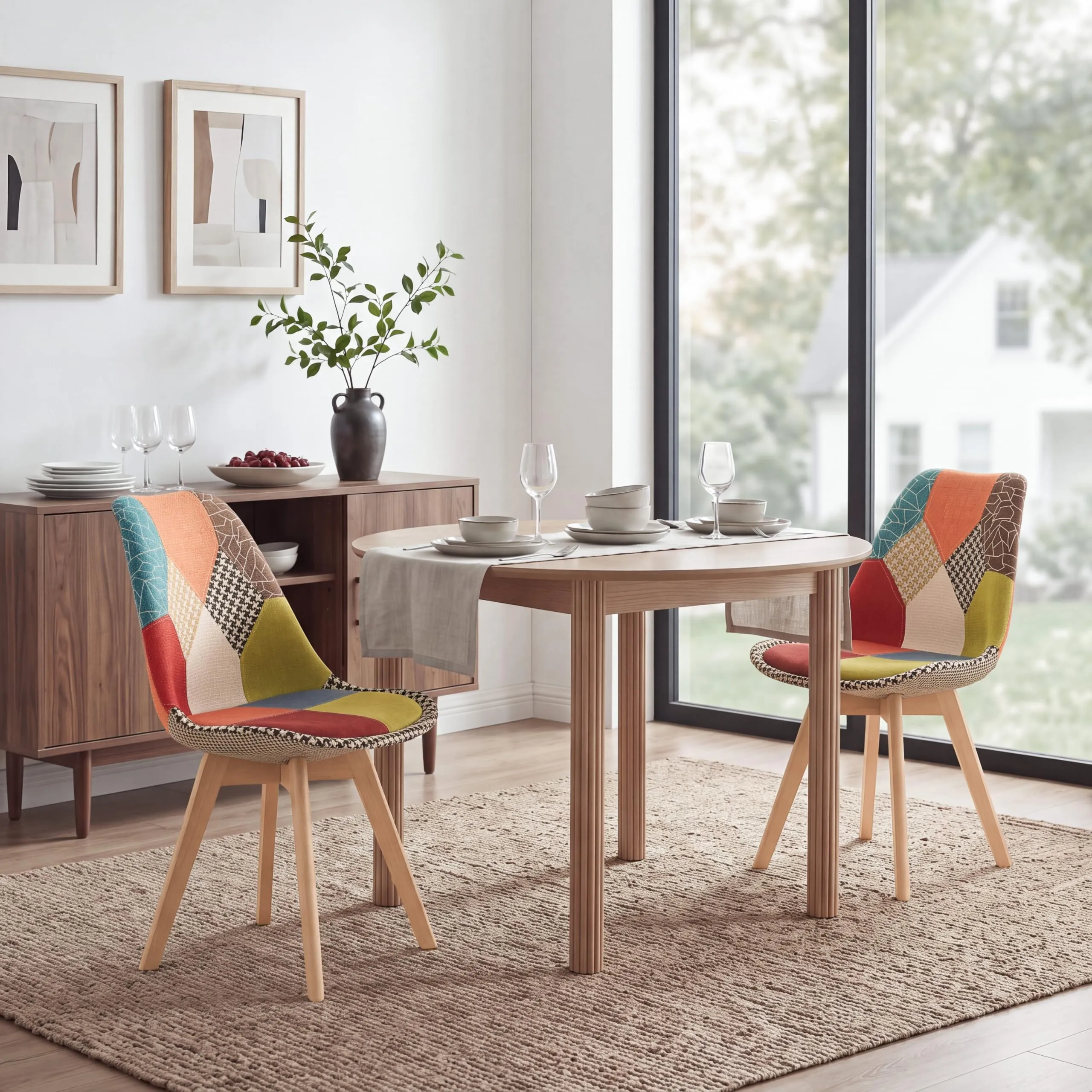 GrandCA HOME Set di 4 Sedie da Sala da Pranzo in Legno con Seduta in Tessuto Patchwork, Rosso - immagine 5