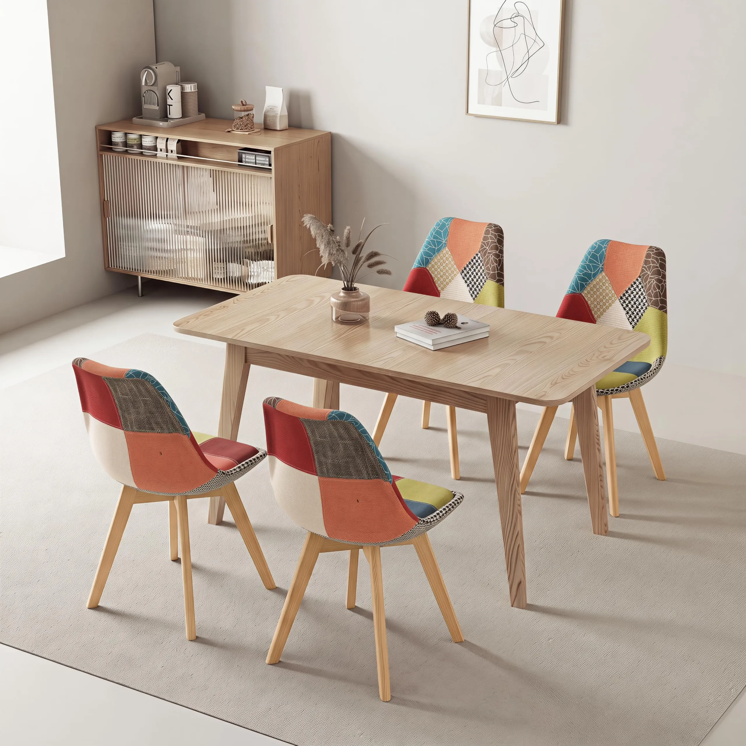 GrandCA HOME Set di 4 Sedie da Sala da Pranzo in Legno con Seduta in Tessuto Patchwork, Rosso - immagine 8