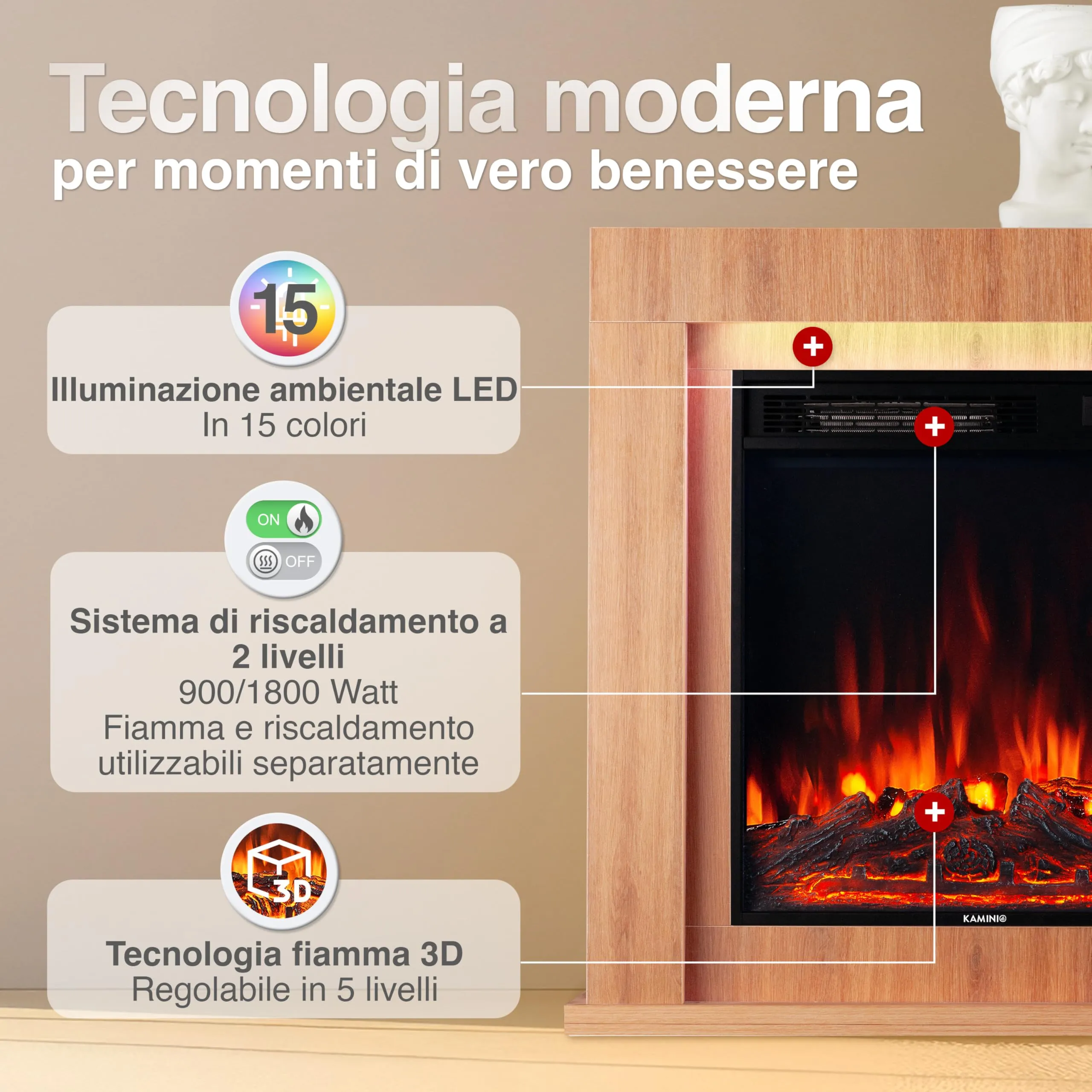 KAMINIO Matti Modern 32 Quercia Camino Elettrico da Appoggio - immagine 3