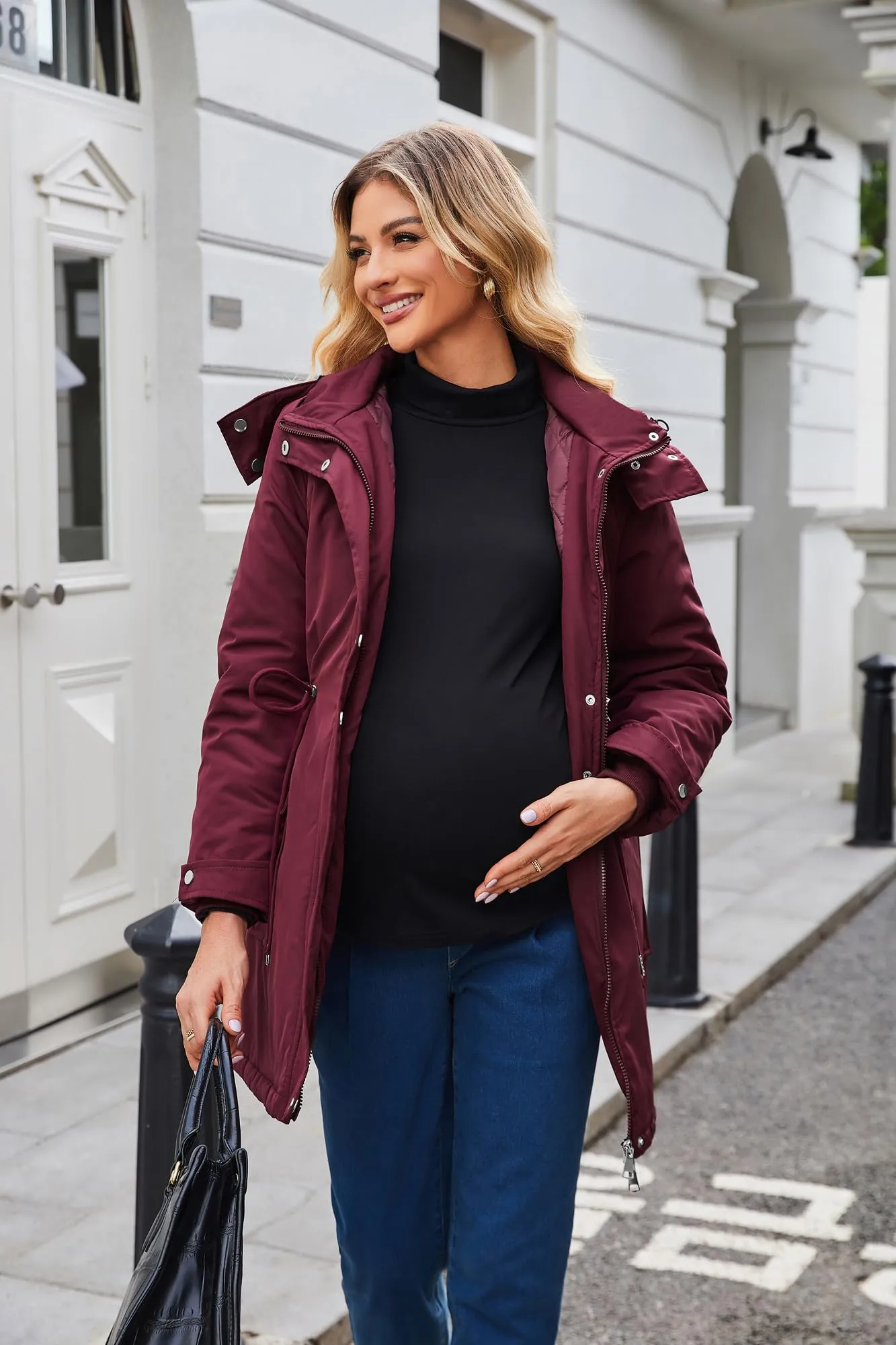 Maacie Giacca Premaman Impermeabile con Collo Alto, Bordeaux, XL - immagine 4