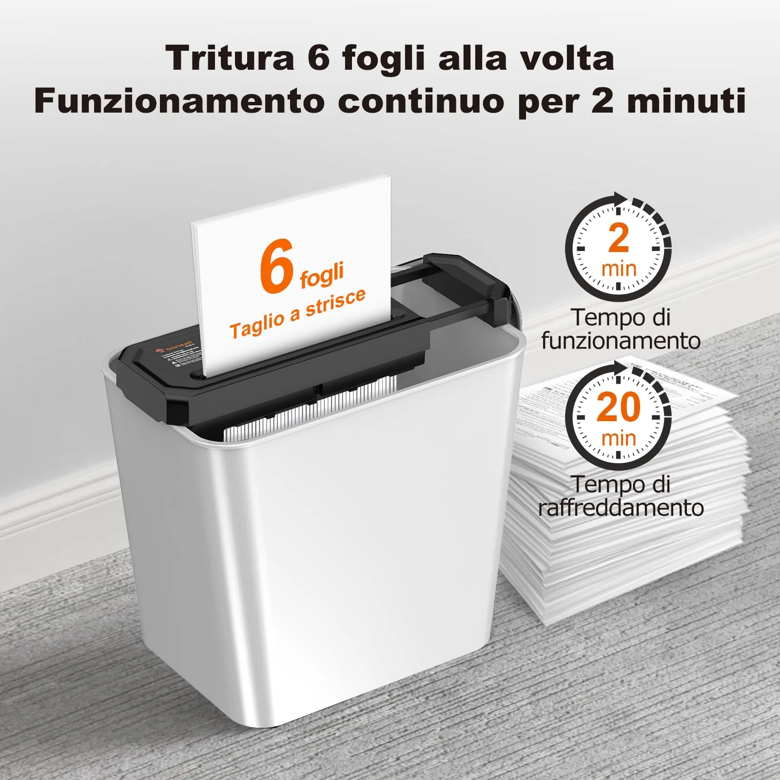Bonsaii Tritadocumenti a Strisce 6 Fogli, Manico Estendibile, P-2, S125-A - immagine 2