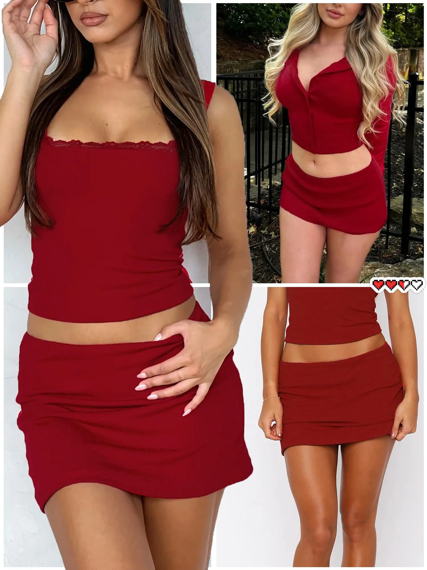 Danysu Gonna Mini Elasticizzata a Vita Bassa con Pantaloncini e Spacco Laterale, Rosso rubino, XS - immagine 6