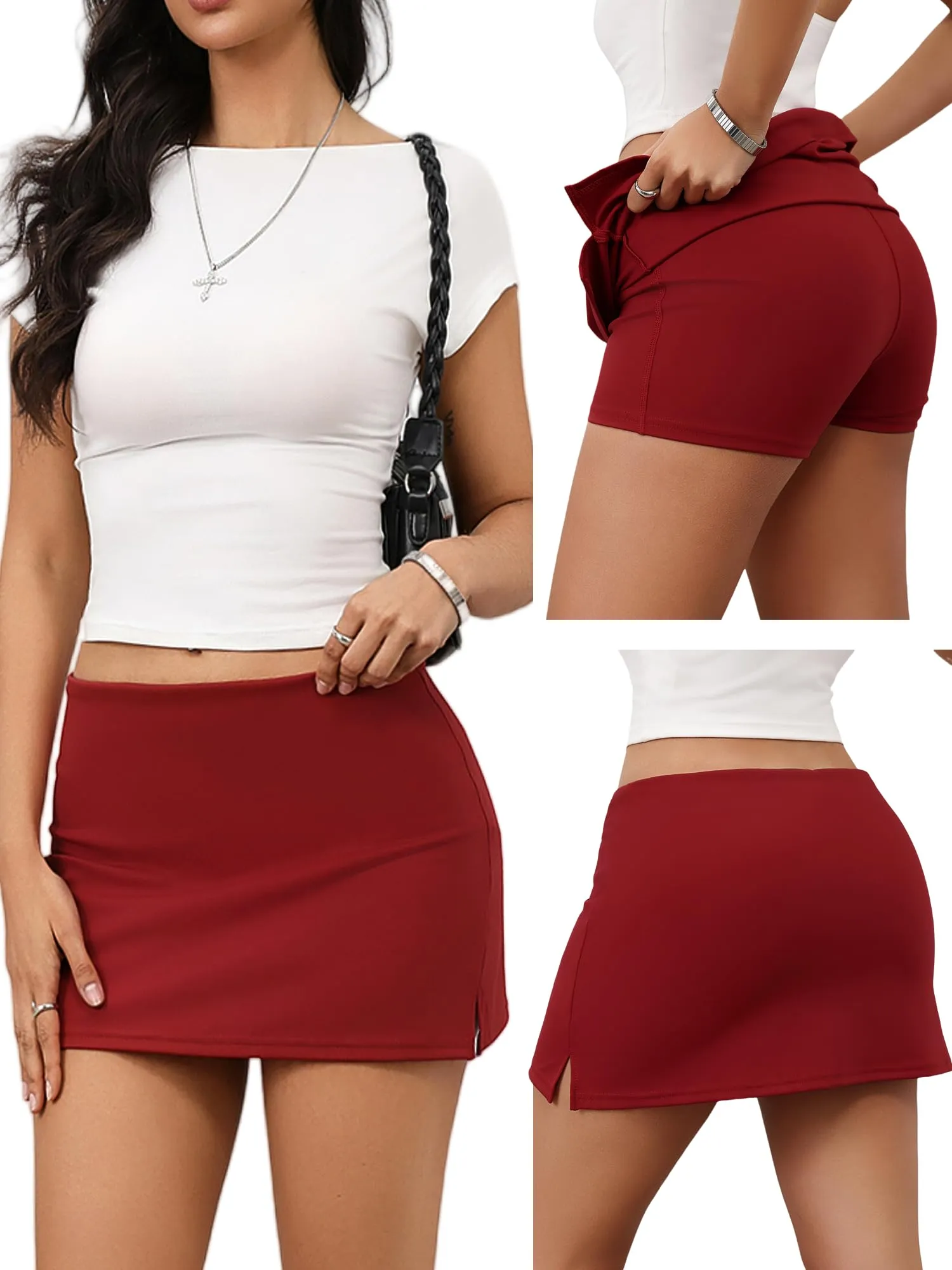 Danysu Mini Skorts con Pantaloncini e Spacco Laterale, Rosso Rubino, M - immagine 2